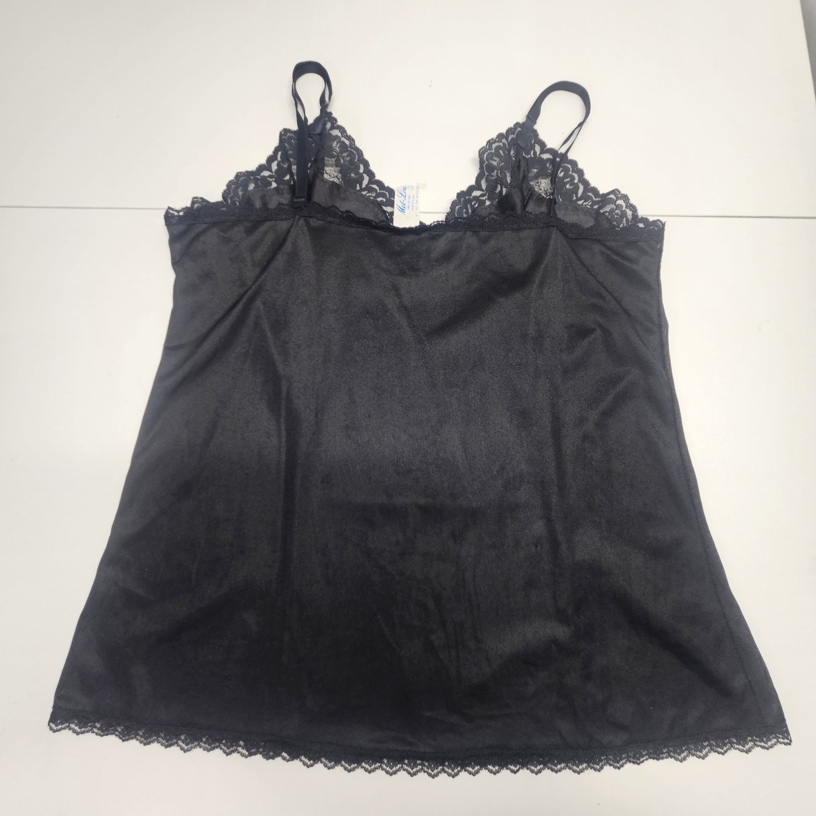 Vintage Women’s Black Mel-Lin Nylon Camisole Slip Set Lace Trim XL Glam Pin Up