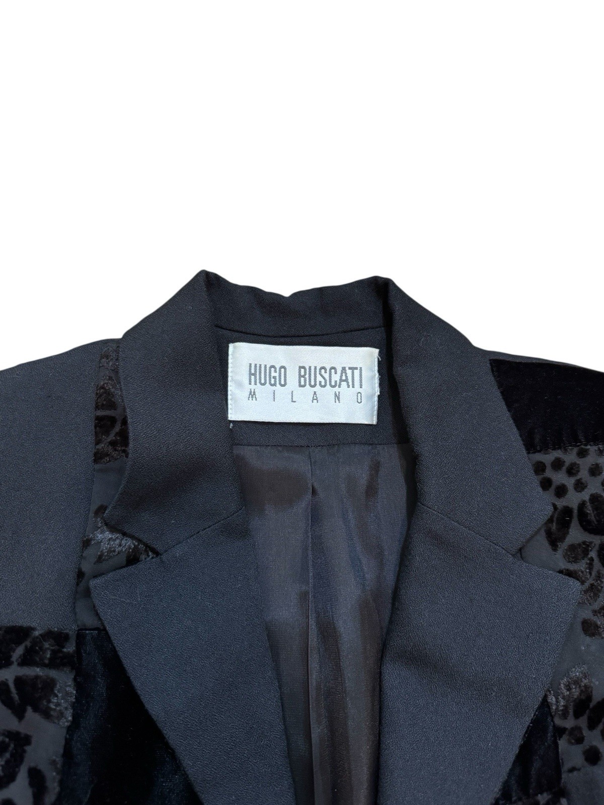 Vintage Hugo Buscati Milano Velvet Burnout Blazer M Black Patchwork 90s Luxe