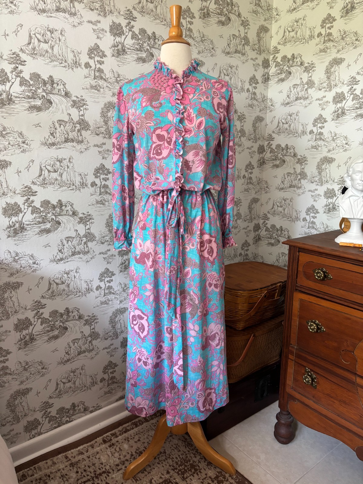 Vintage 70s Funky Floral Midi Dress Blue and Pink Gathered Tie Waist Ruffles