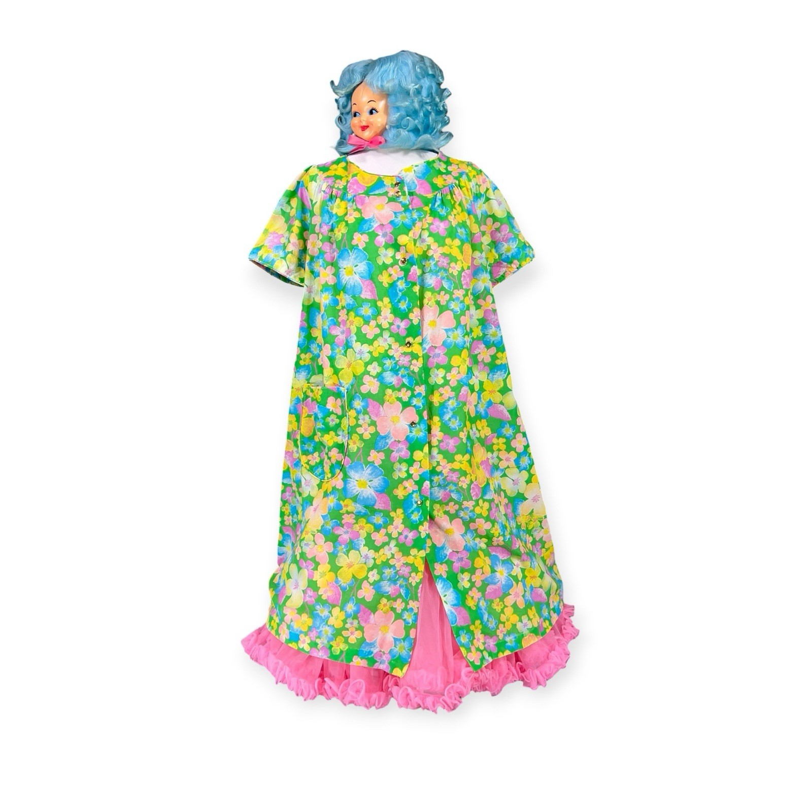VTG 1960s MUUMUU FLOWER POWER HAWAIIAN HOUSE DRESS HIPPIE MOD ROCKABILLY W/ BELT