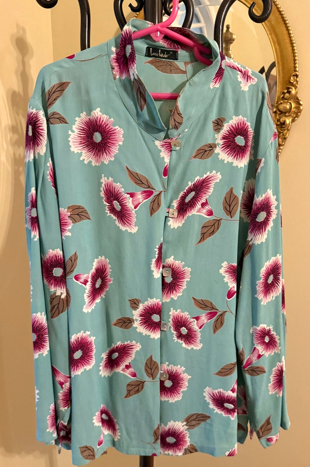 Vtg LOCO LINDO Aqua Floral Mandarin Collar Square Button L/S Blouse USA Made S