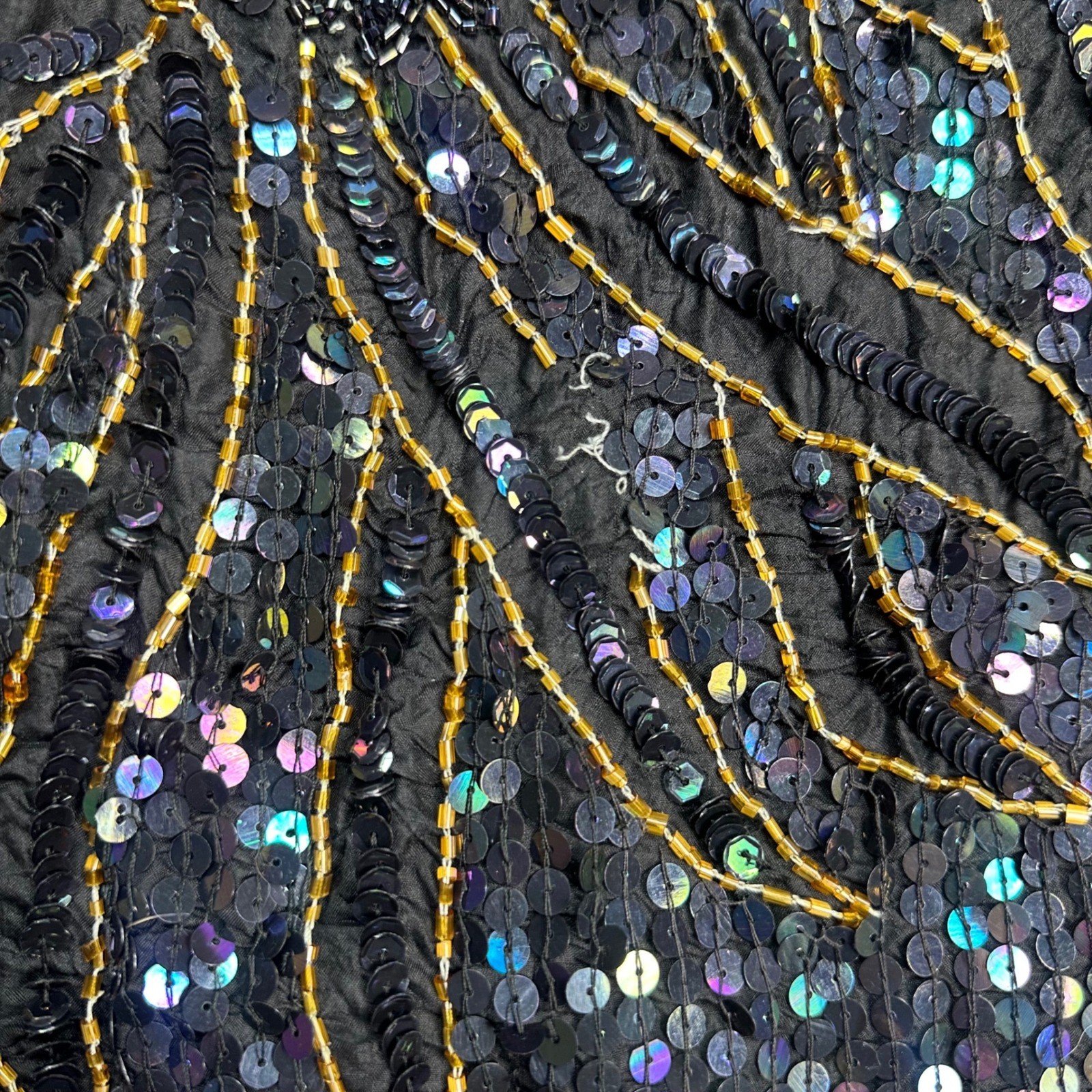 Cotton Castle Vintage Silk Sequin Beaded Top Black Iridescent Floral Sunburst XL