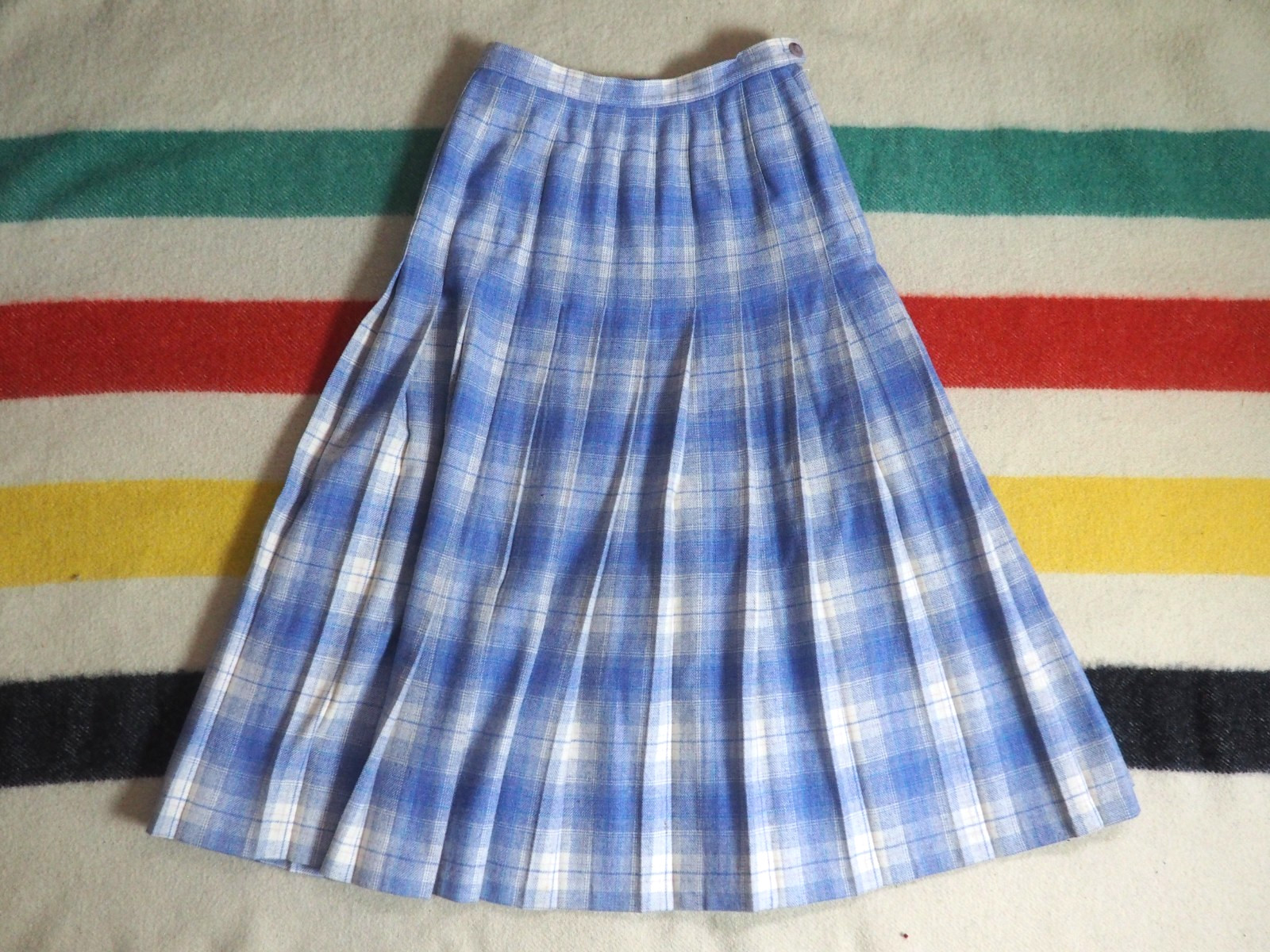 VTG 70s Pendleton Virgin Wool Blue White Plaid Tartan Boho 27W Hippy Skirt Women