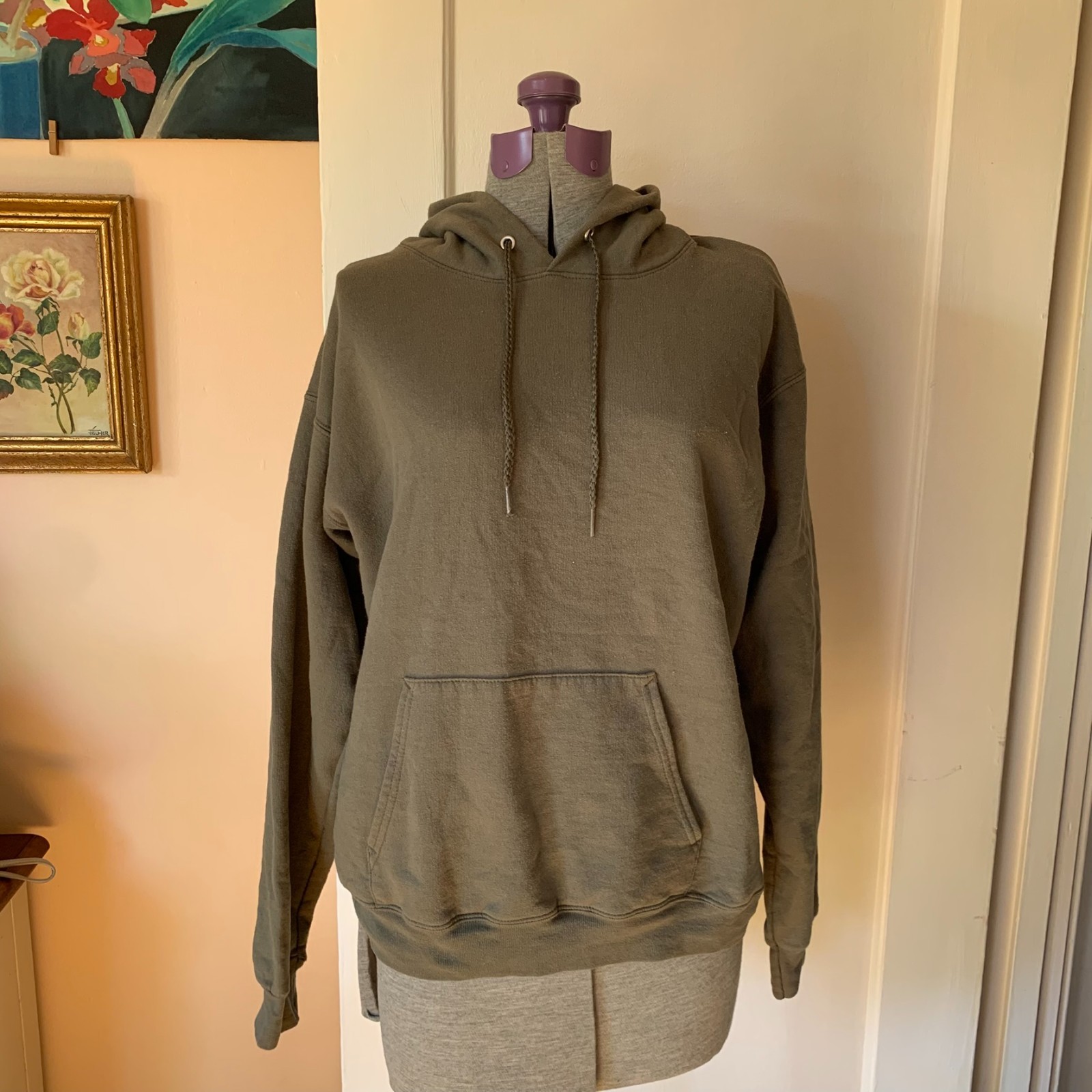 VTG 90s Y2K Fleece Classic Hoodie Pull On Women’s M Olive Green Athleisure Basic