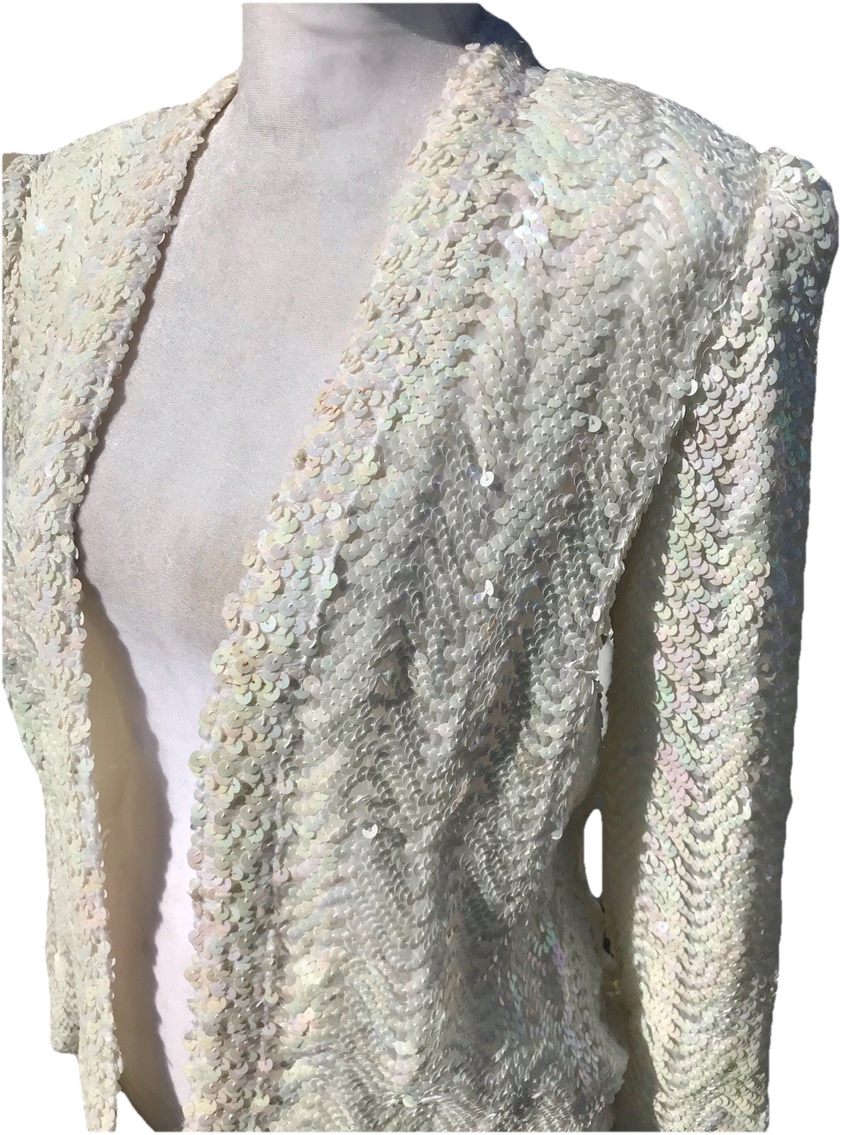 Vtg 70s 80s Lilly Diamond Calif Sequin Iridescent White Jacket S M Cardigan Coat