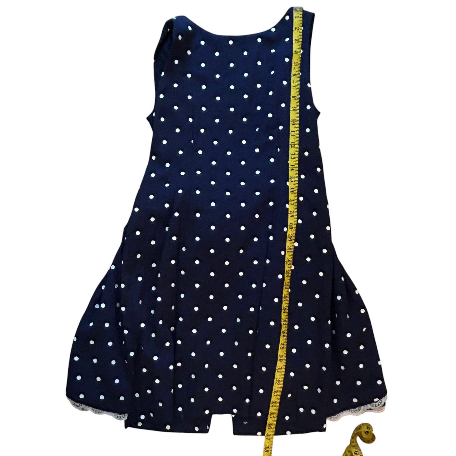 Vintage 1980s 1990s Polka Dot Dress Navy Blue Bow Lace Trussel Size XS or S