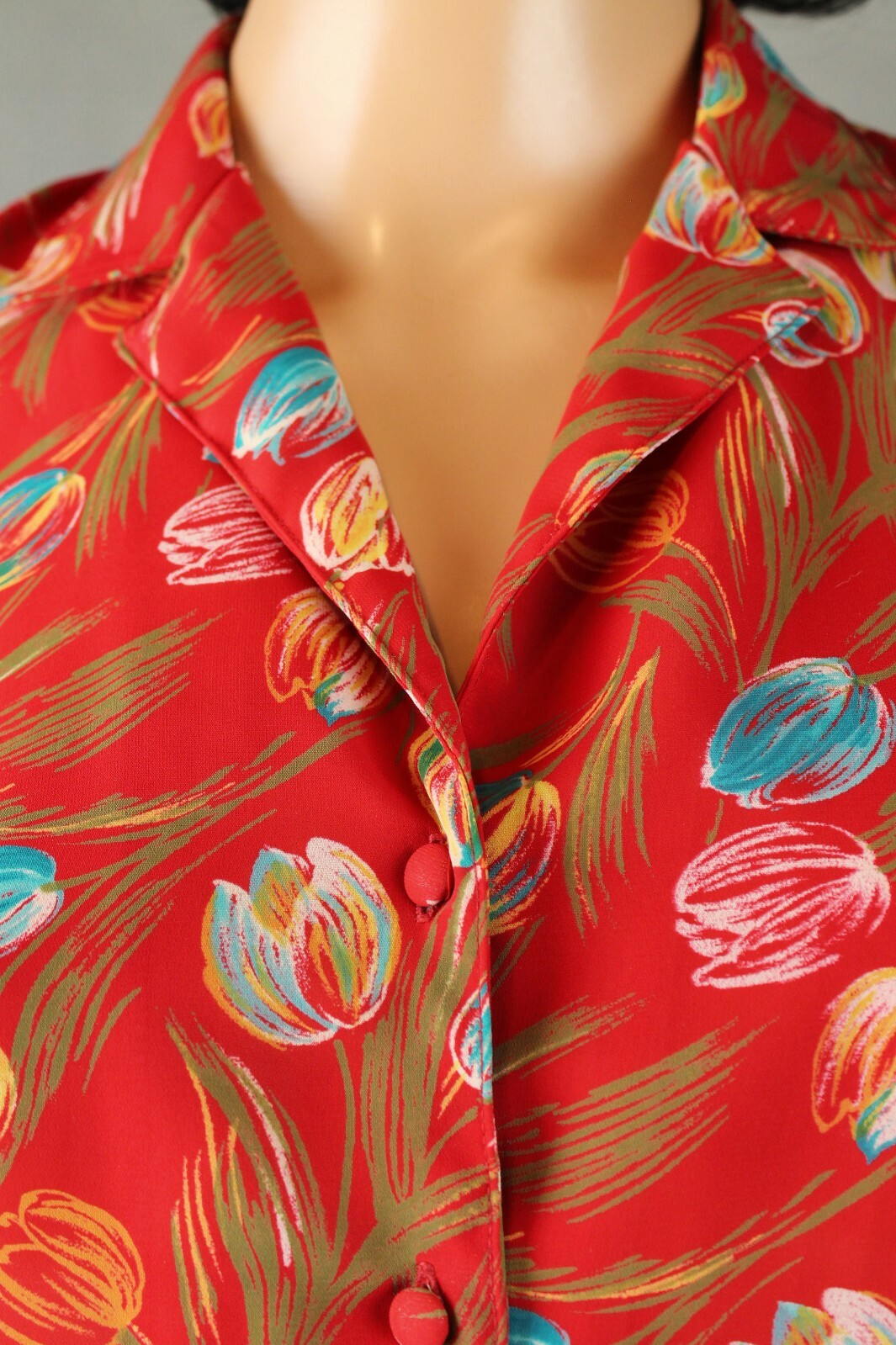 Vintage 80s Blouse 6 S Red Blue Floral Semi Sheer Crepe Long Sleeve Dress Shirt