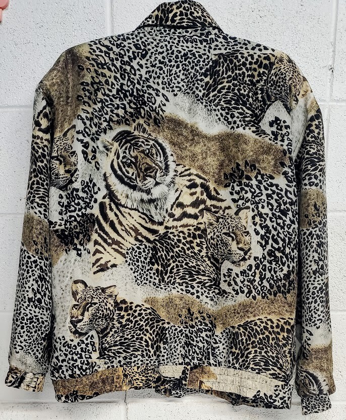 Vtg Jacket Animal Print Silk Designer Bomber L FUDA International 90s