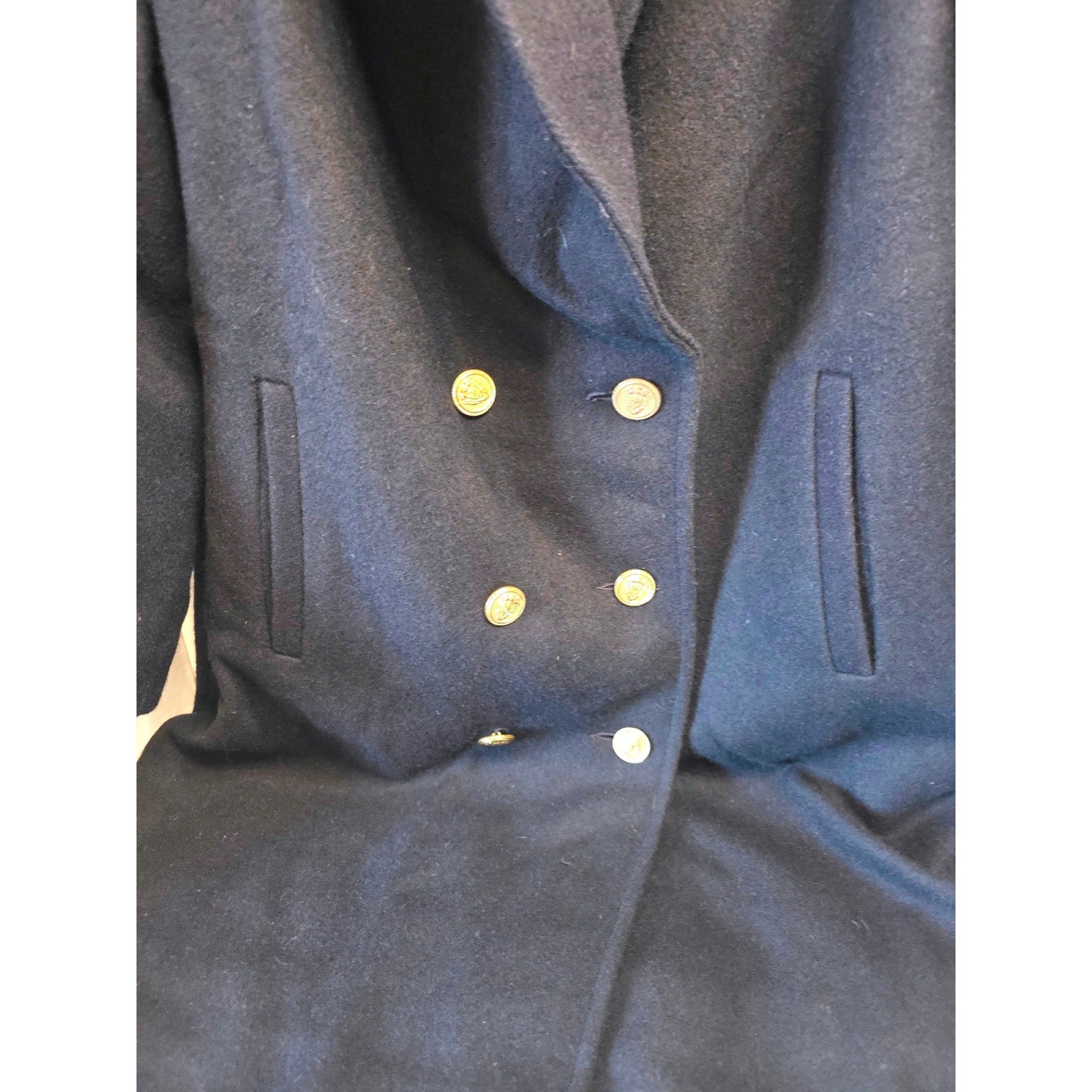 VTG JoFeld Andover Navy Wool Double Breasted Pea Coat Gold Crest Button L/XL?