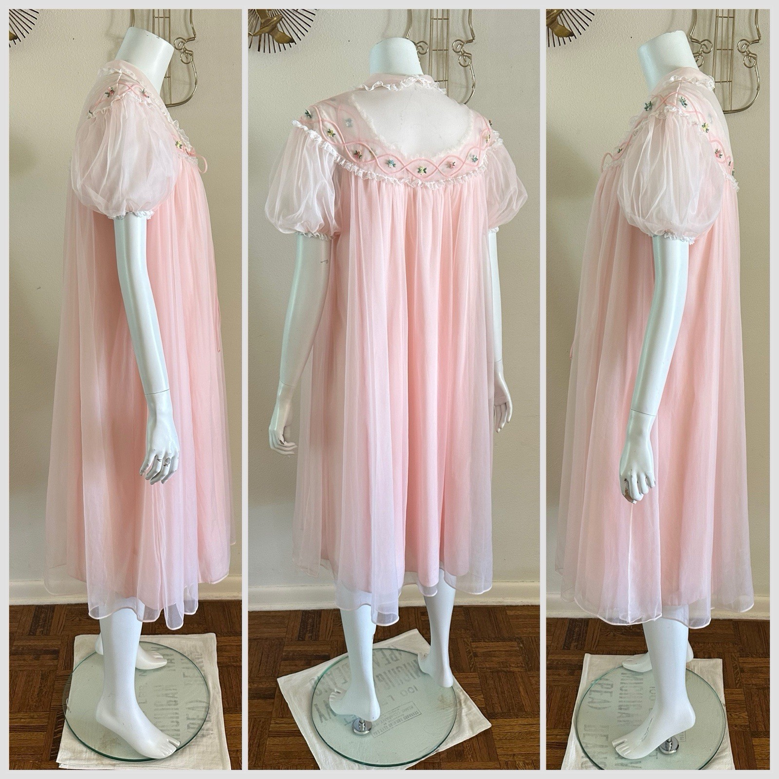 1960s Gotham Pink Nylon Peignoir Set Babydoll Chiffon Lace Lingerie Robe M VTG