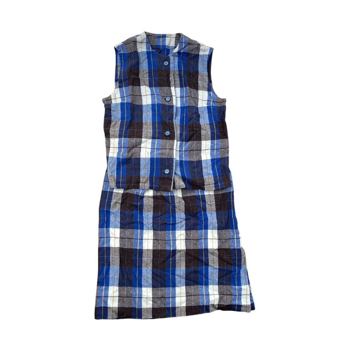 Two Piece Blue Checkered Dress Set 1960’s Size M