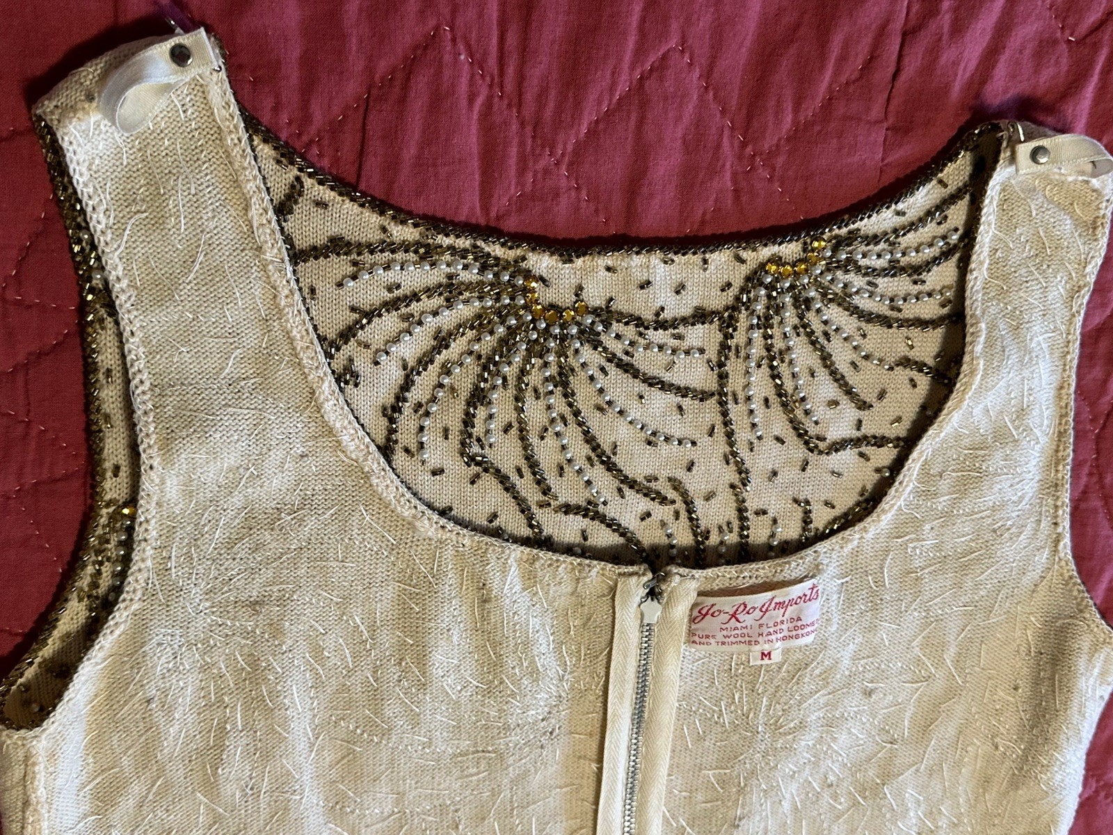 Vintage 60’s Jo-Ro Imports Sz S/M Pure Wool Hand Loomed Sequined Beaded Vest Top