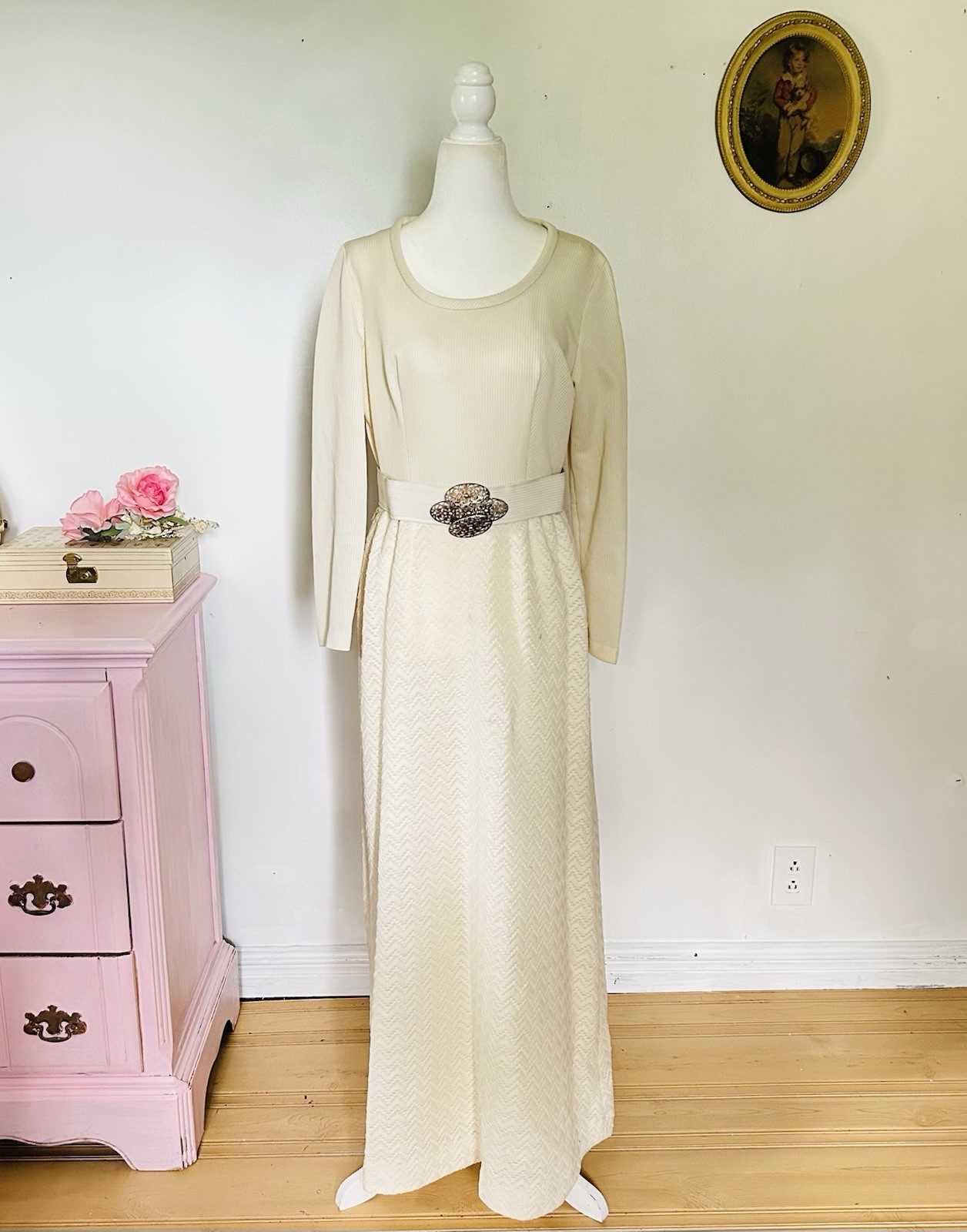 Vtg 70s Prairie Dress Ribbed Maxi Gown Pointelle Chevron Knit Skirt 30”w