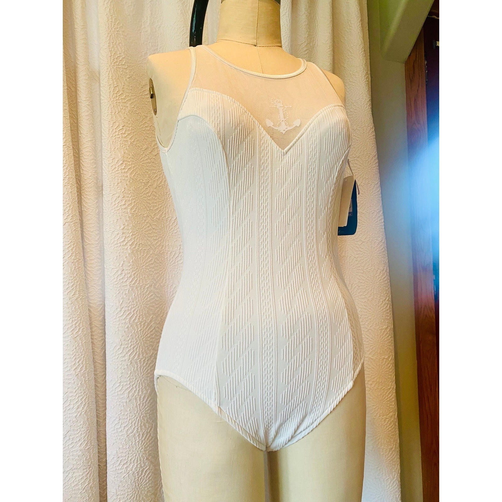 Vintage Jantzen Cable Knit White One Piece Mesh Window Swimsuit, Size 10