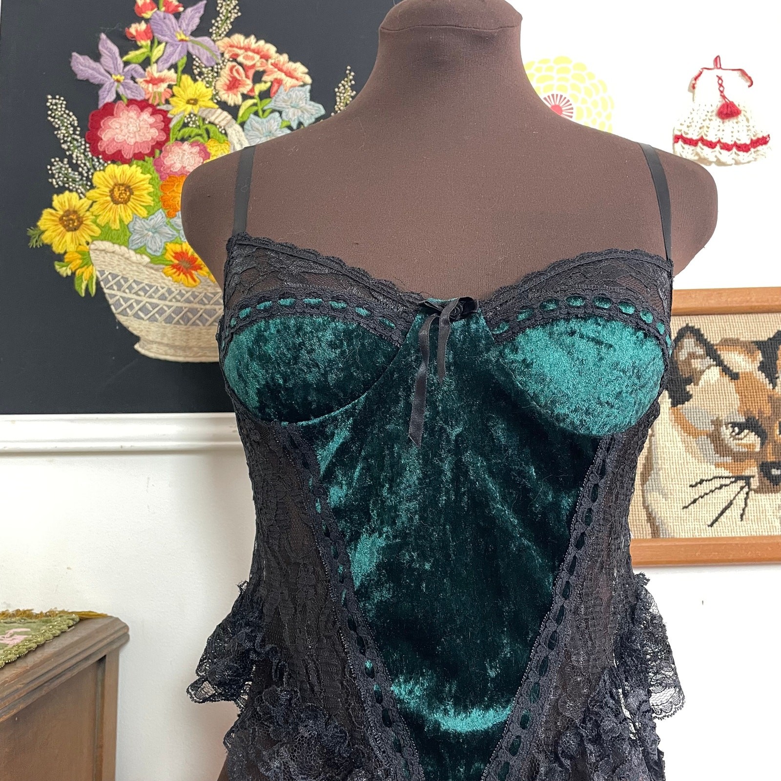 Vintage Green Velvet Teddy w Black Lace Trim, 1970s Corset Style Top w Panty, M