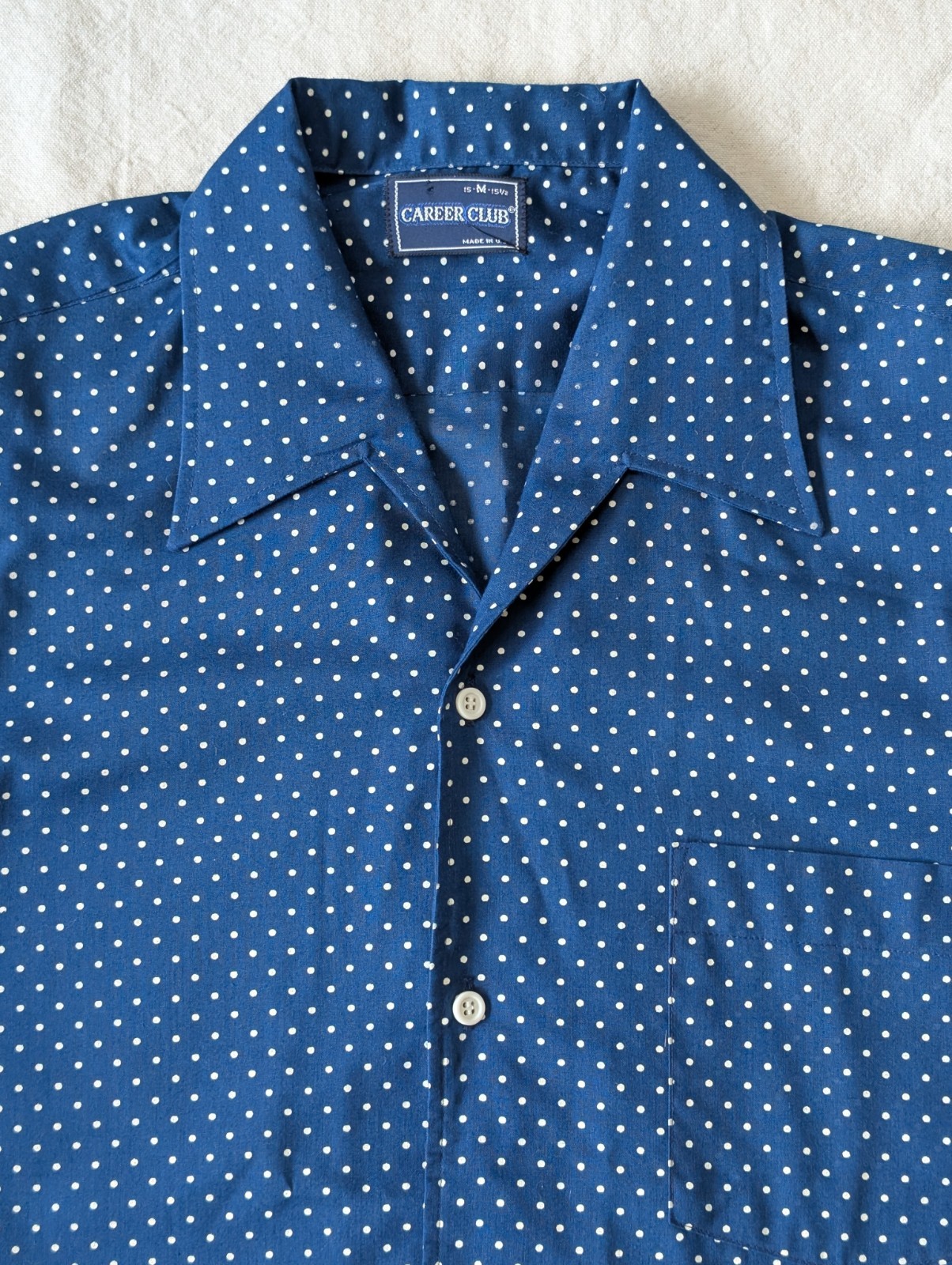 Vintage 70s Women’s Blue Polkadot Camp Collar Lightweight Button Up MD USA