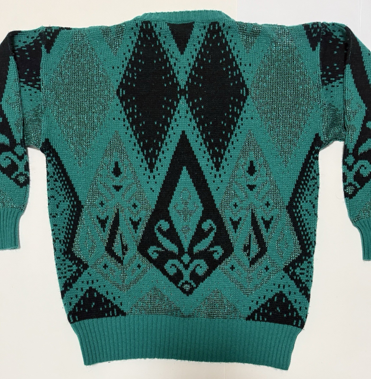VTG Joyce Acrylic Knits Sweater Sz L Green Black Sparkle Clothing Geometric 80s