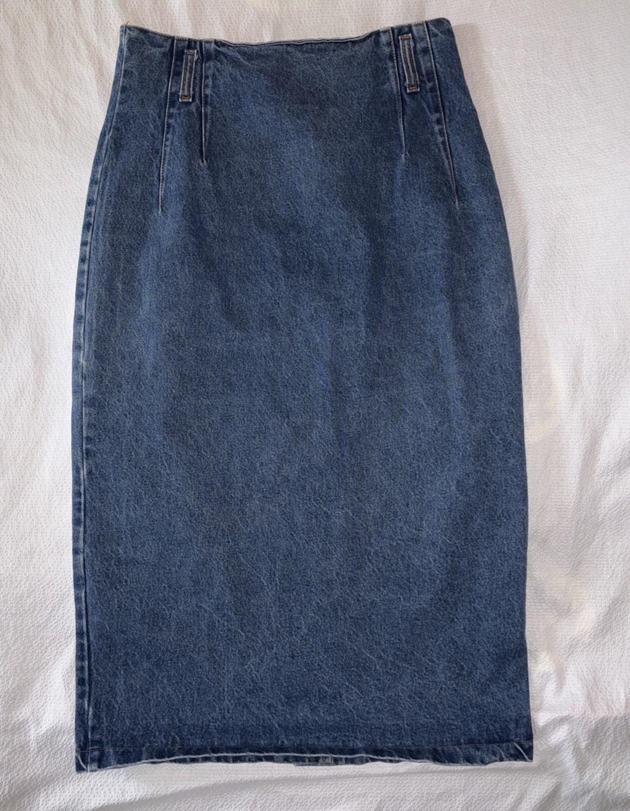 VTG 80s Stuffed Shirt Jeanswear Denim Maxi Skirt Made USA Bronze Snaps Sz 13/14