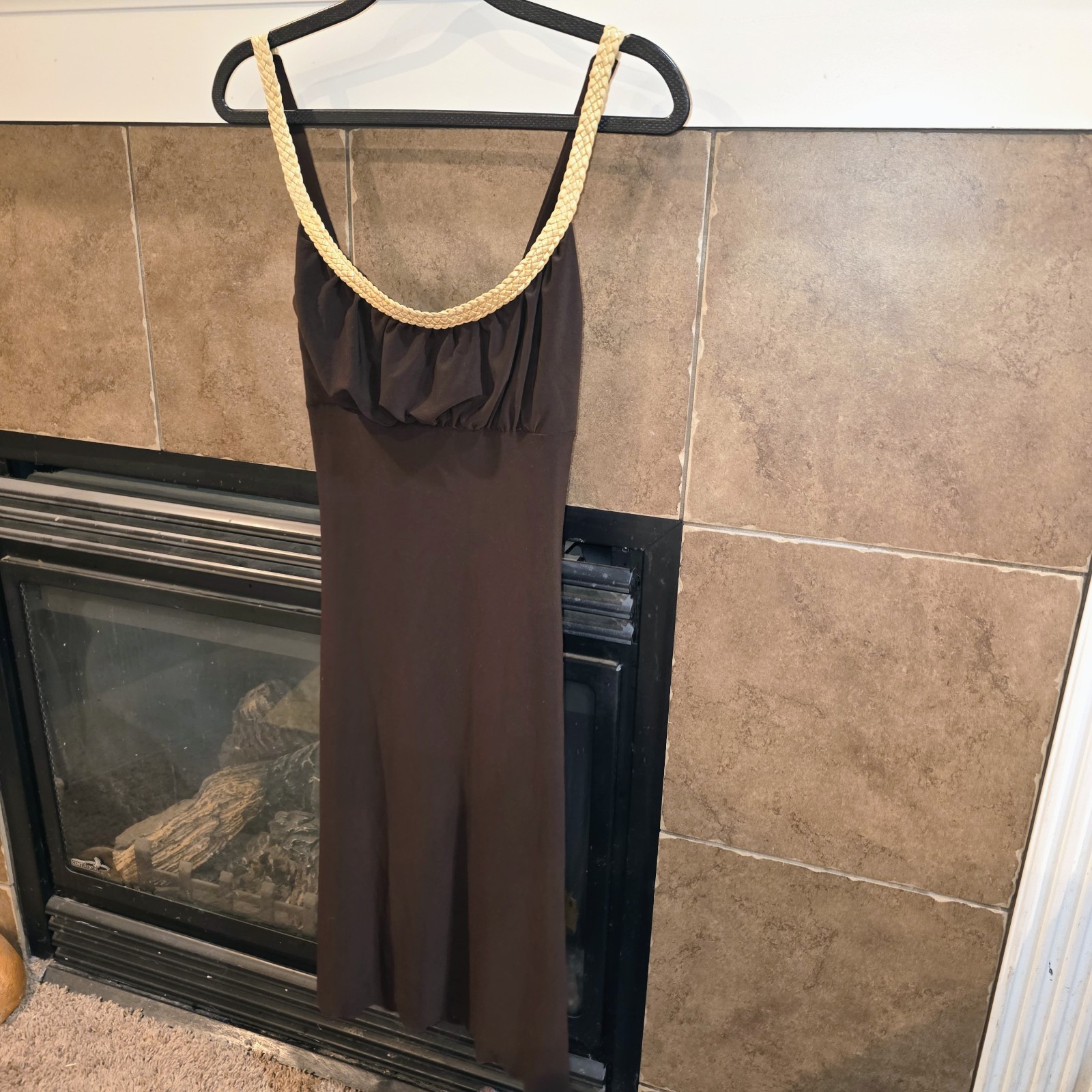 NINA PIU Sz XS Y2K Vintage Brown Gold Rope Neck Trim Brown Whinsy Fairy Dress