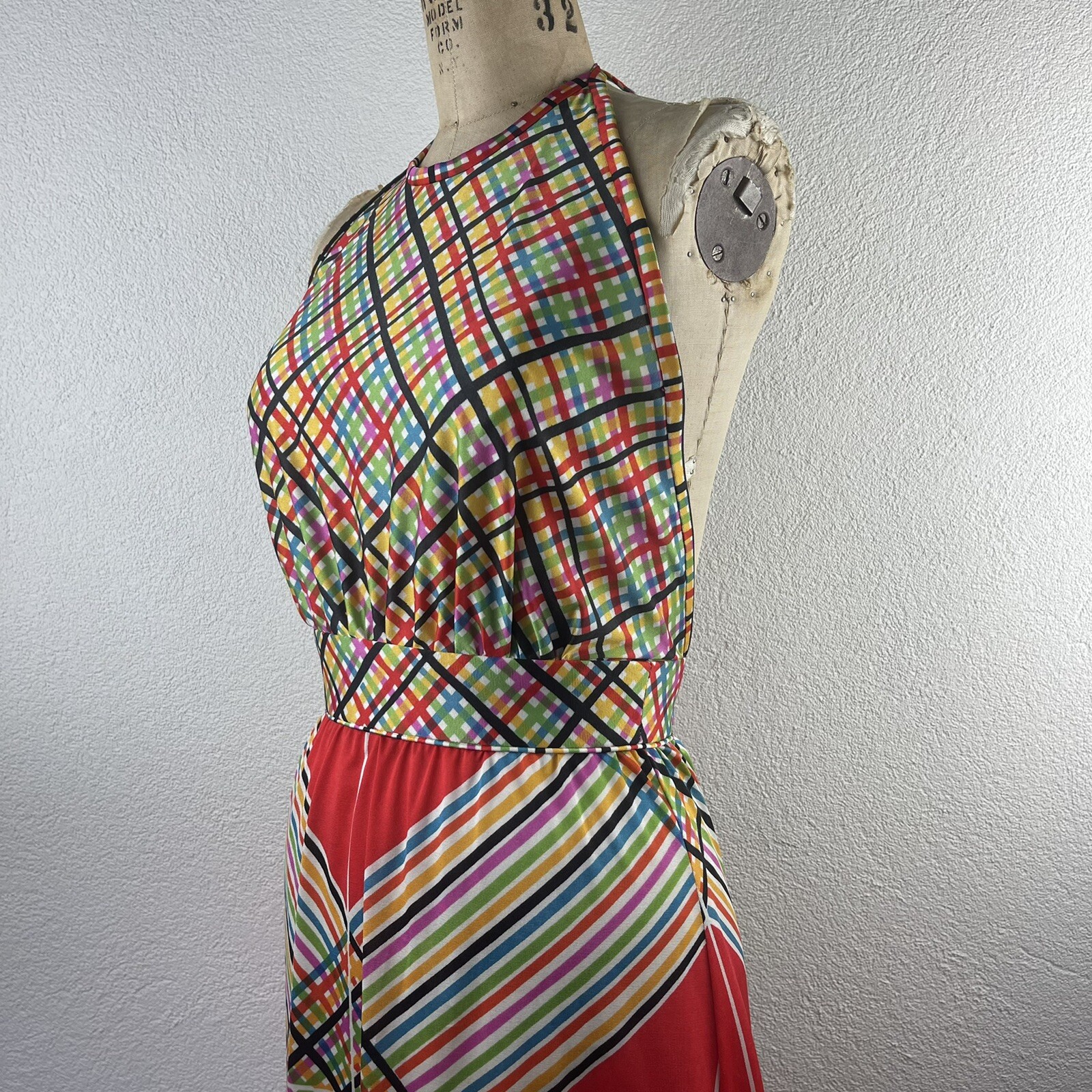 Vintage l 70s S Claire Larabee Colorful Rainbow Plaid Striped Halter Maxi Dress