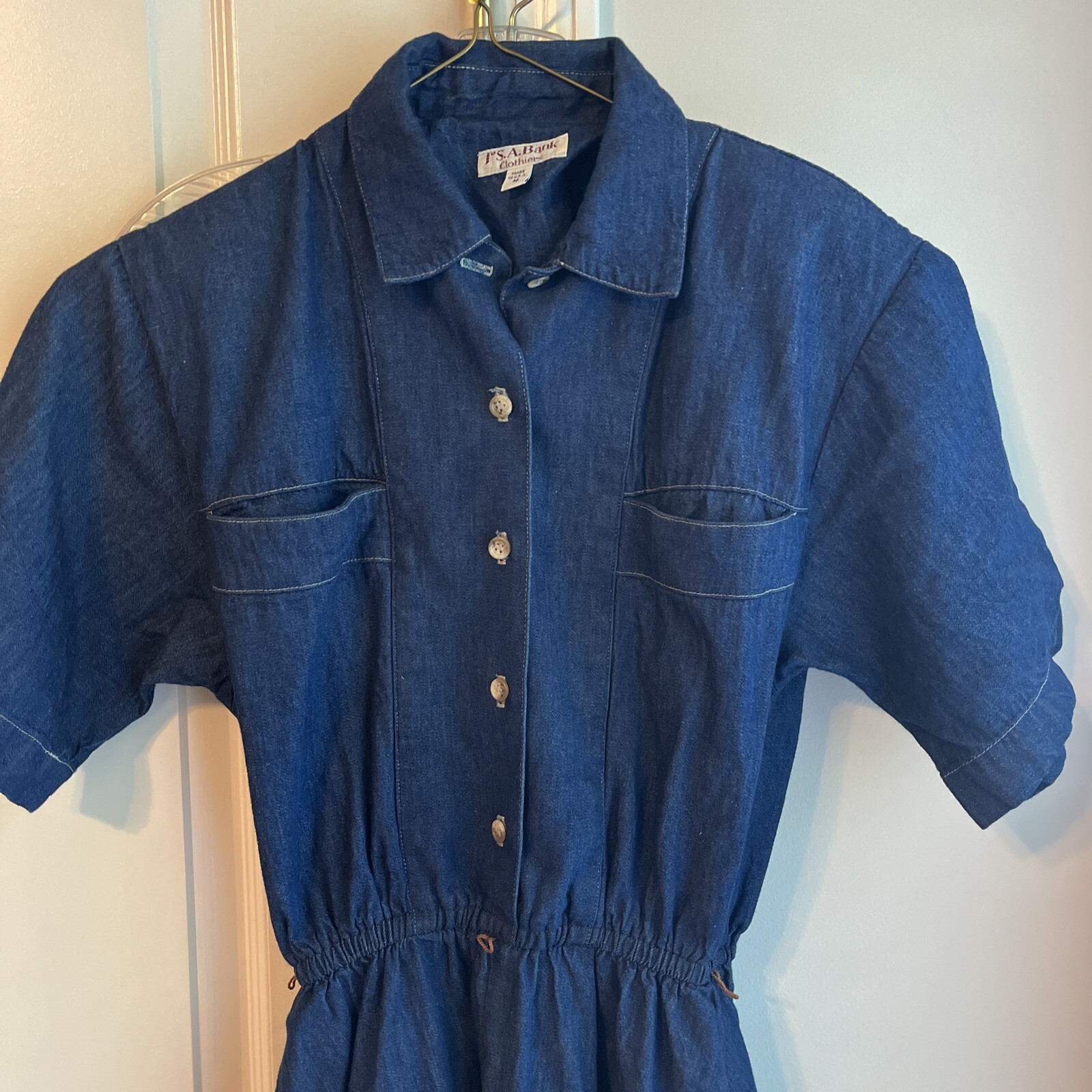 VTG Jos A Bank Shirt Dress Blue 1980s Size 4 Shoulder Pads Denim USA