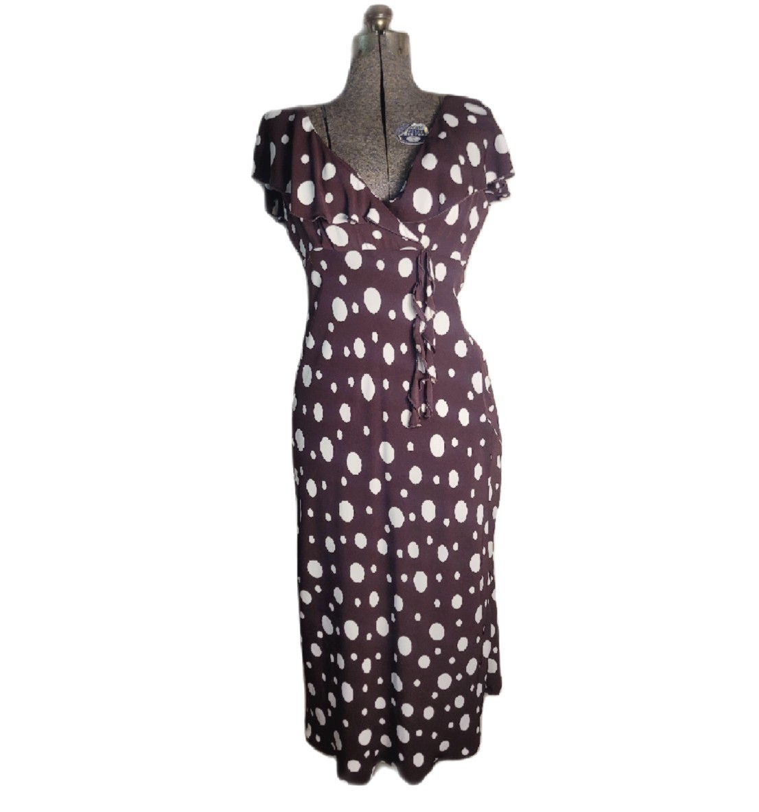 Vintage 80s 90s S.L Fashions Brown White Polka Dot Midi Maxi Dress Ruffles Vneck