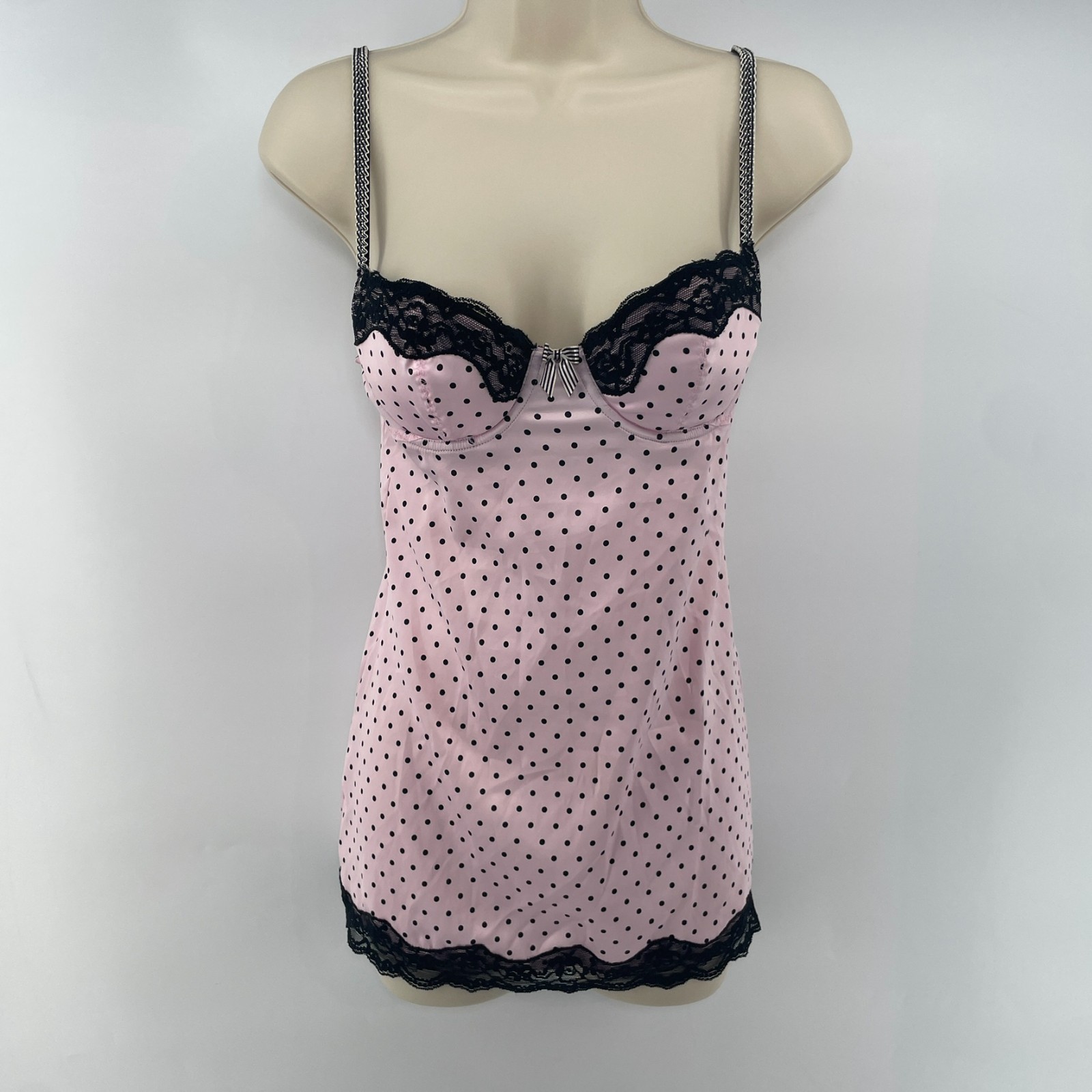 VTG Victorias Secret Y2K Milkmaid Cami Pink Black Polka Dot Lace Trim 34B Pin Up