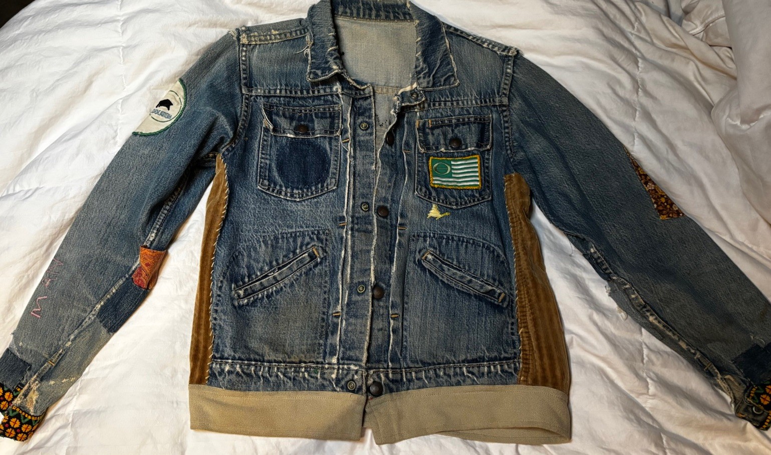 Vintage 1970s Handmade Patched Denim Jacket Folk Art, Wearable Art