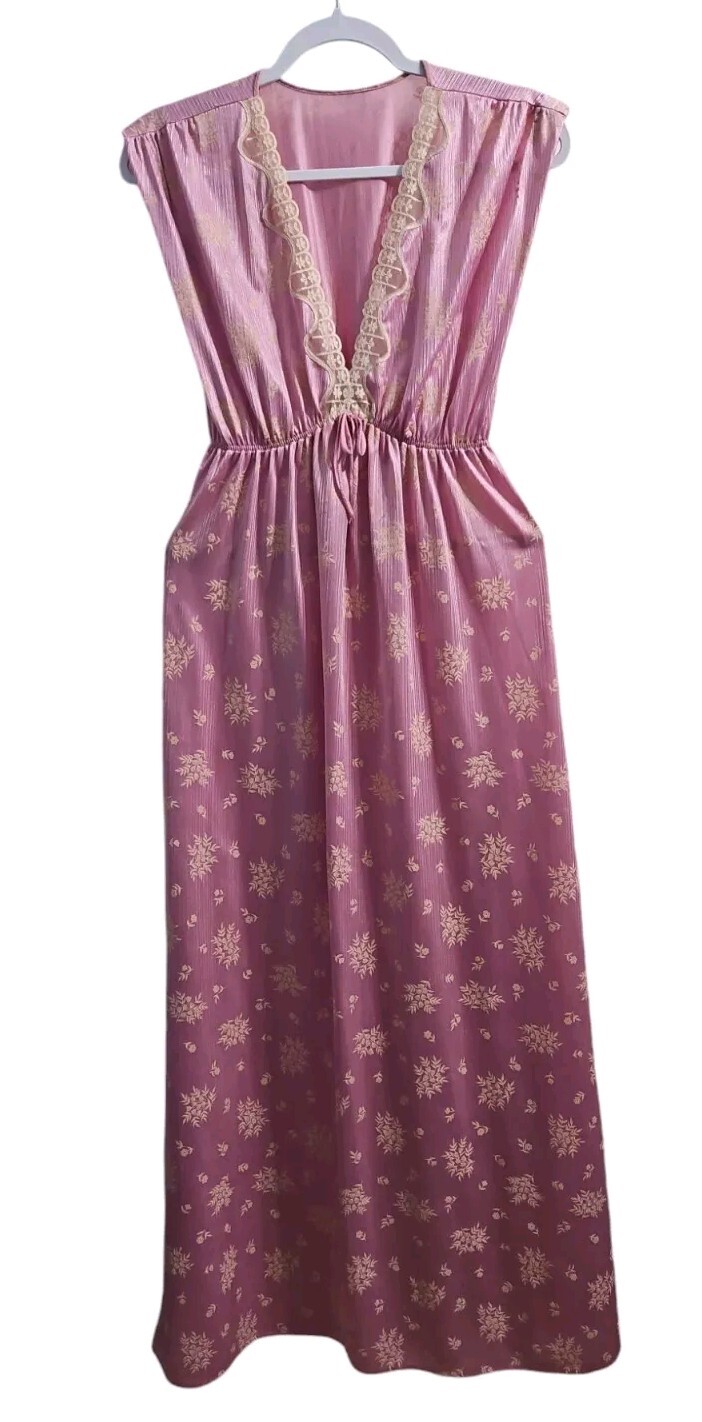 Vtg 80s Tom Bezduda Barad Co Pink Nylon Nightgown Lace Trim Floral Med Romantic