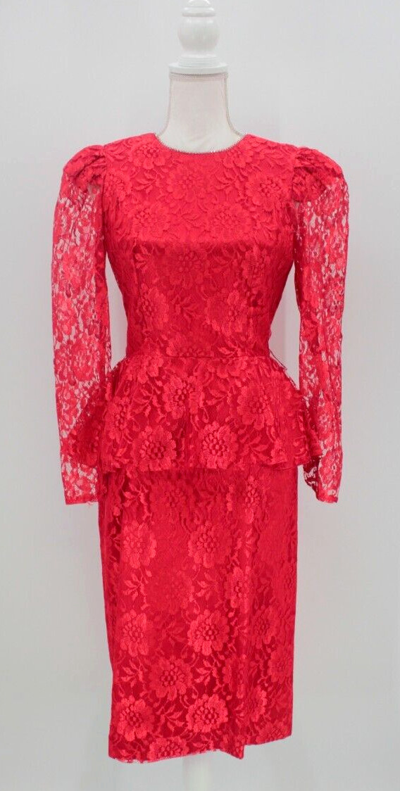 Vtg Womens 80s Red Lace Cocktail Dress W/ Rhinestone Trim 1980s XS/S Vijack Prom