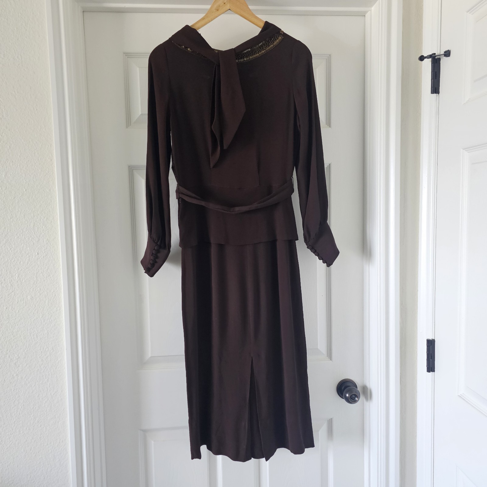 1930s Vintage Blue Eagle Brown Rayon Crepe Peplum Gold Beaded Dress Belt Set #90