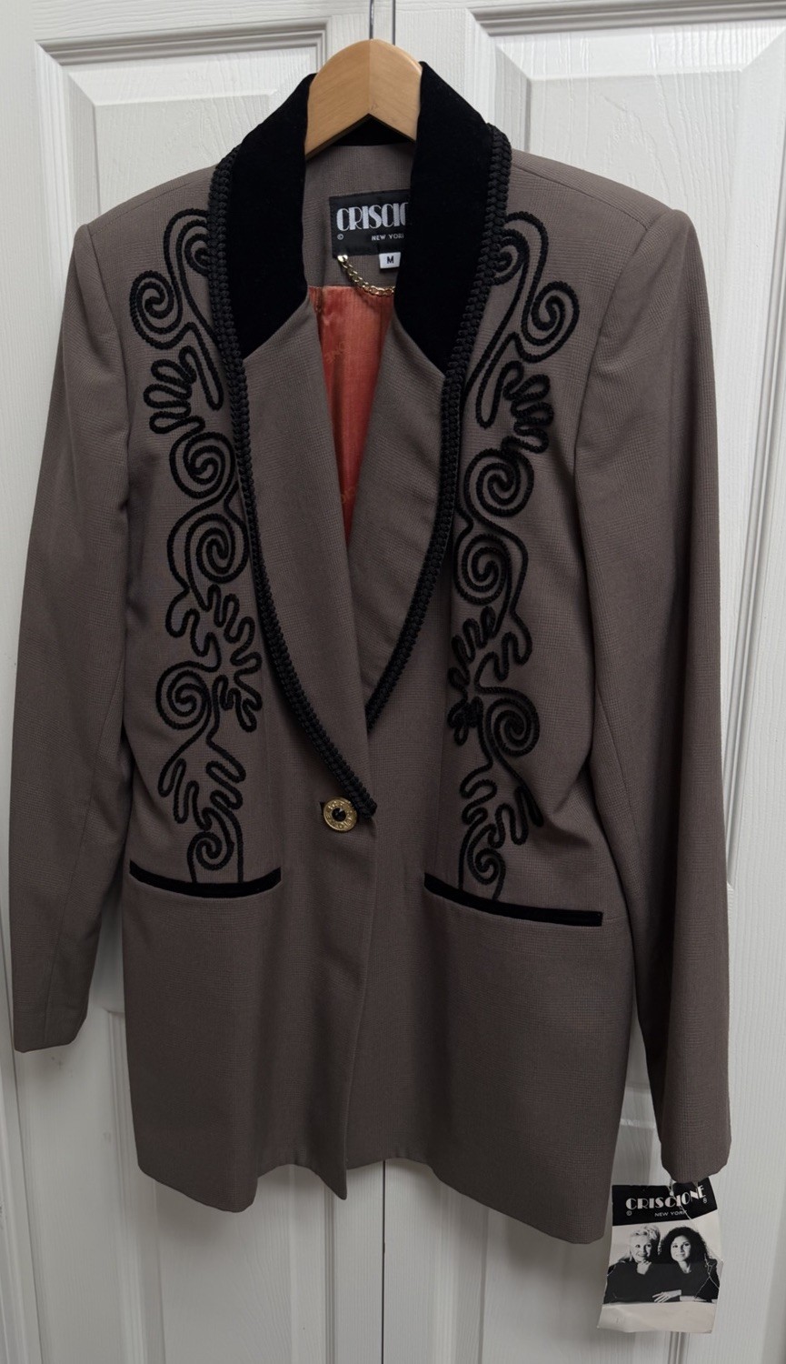 Vtg NWT Criscione SZ M Taupe Plaid Embellished Dress Suit Velvet Collar Cache