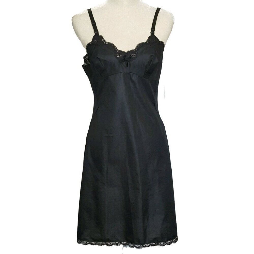 Sears Vintage Non Cling Dress Full Slip Size 34 Black Satin Lace Empire Waist