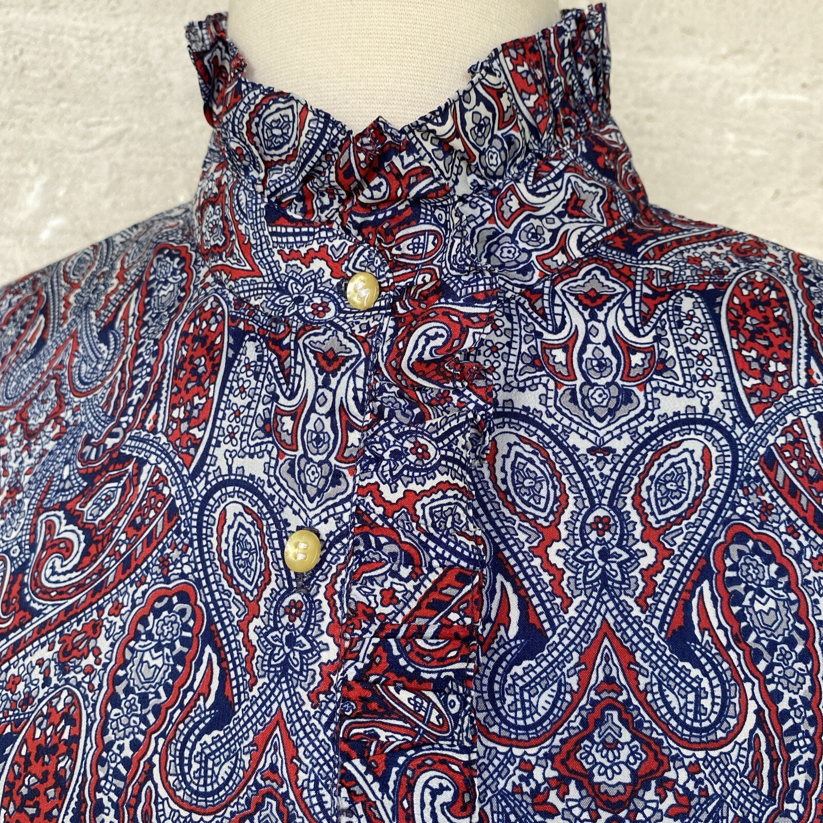 Vintage Secretary Blouse Shirt Large Red White Blue Paisley Ruffle Neck 70s 80s