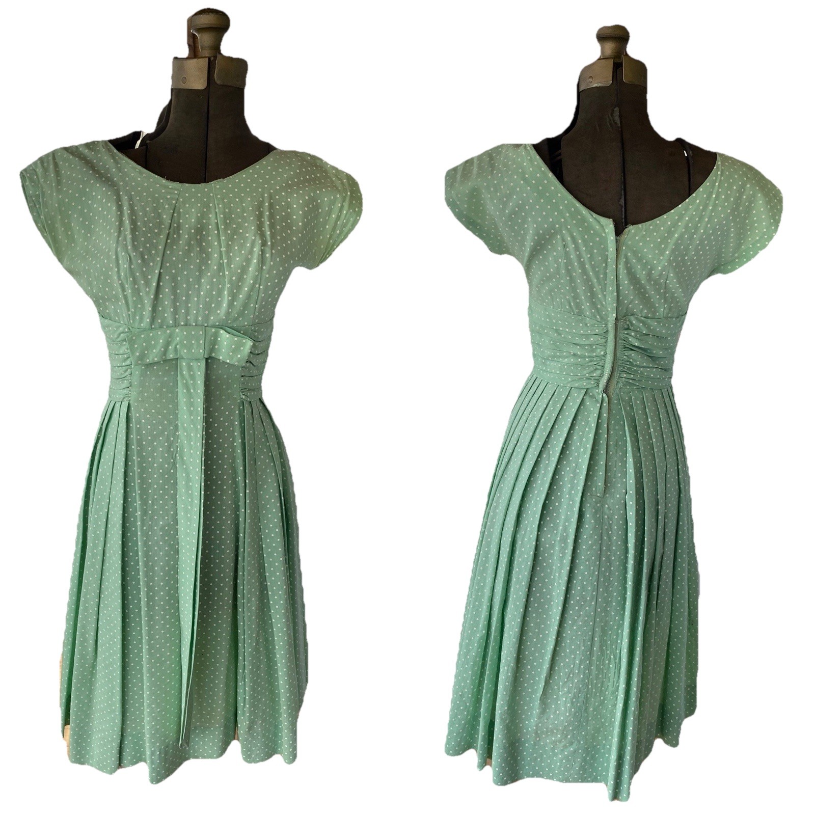 Vintage Green Polkadot Day Dress 1950s 50s Rockabilly A-Line Bow Fit And Flare