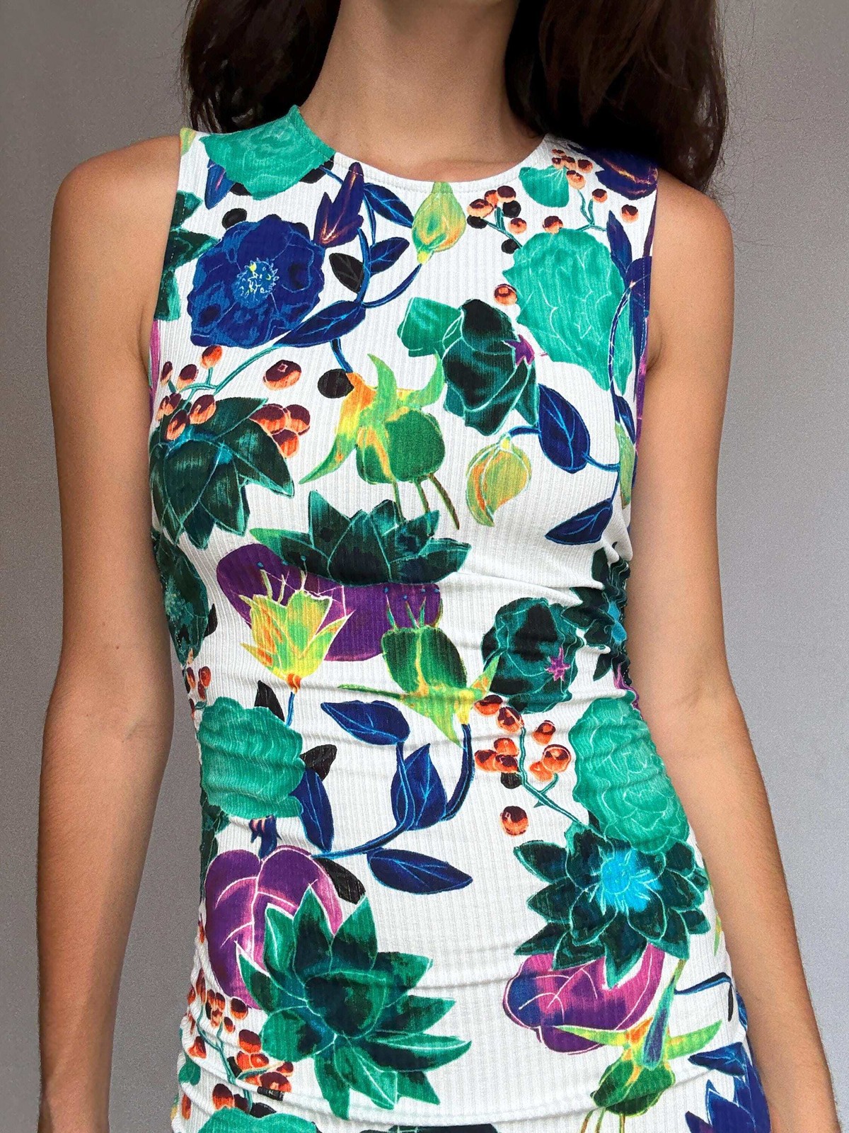 Desigual floral mini dress, feminine fitted silhouette, ribbed texture, adjustab