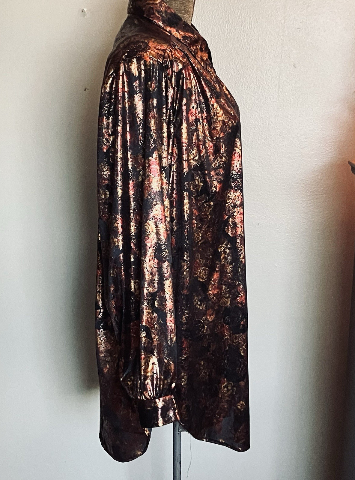 VTG Foil Button Down Blouse 22w Joanne Plus Black Rose Gold Long Sleeve 80s 90s