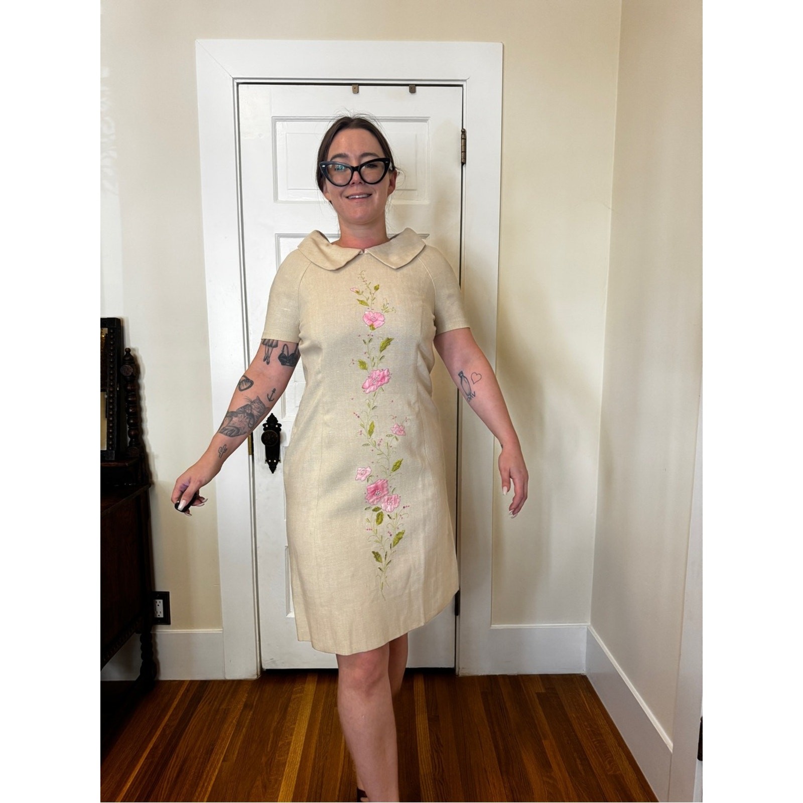 60s Vintage Floral Linen Wiggle Dress