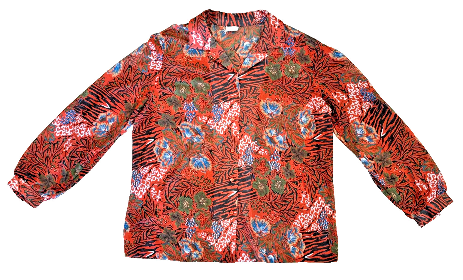 Vintage 70s Floral Psychedelic Blouse Top Orange Blue Women Size 44 See Through