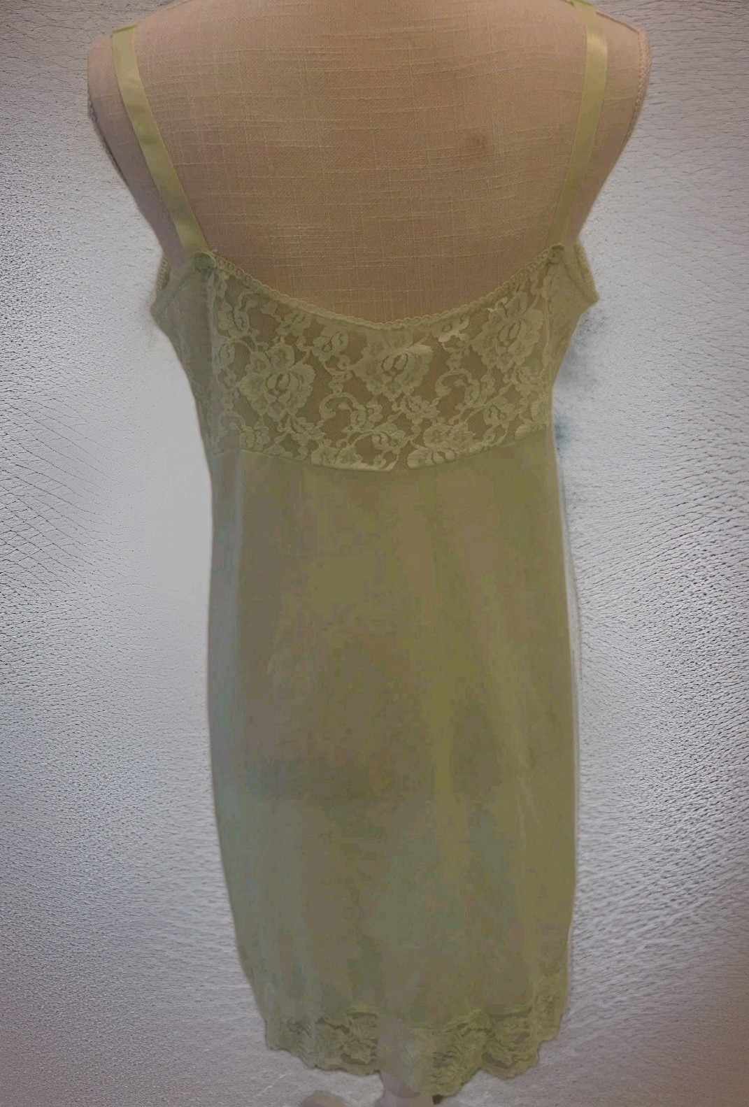 Monsanto Slip Dress L38 Lace Trim Green Nylon Satin Short Ajust.straps U.SA Vtg