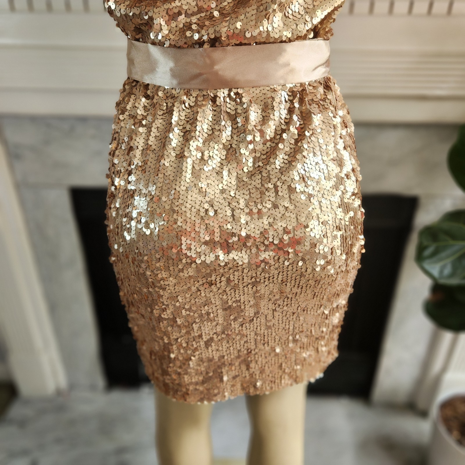 Vintage 90s Cache Gold Sequin Mini Dress Sz 4 Y2K Party Cowl Stretch Party Glam