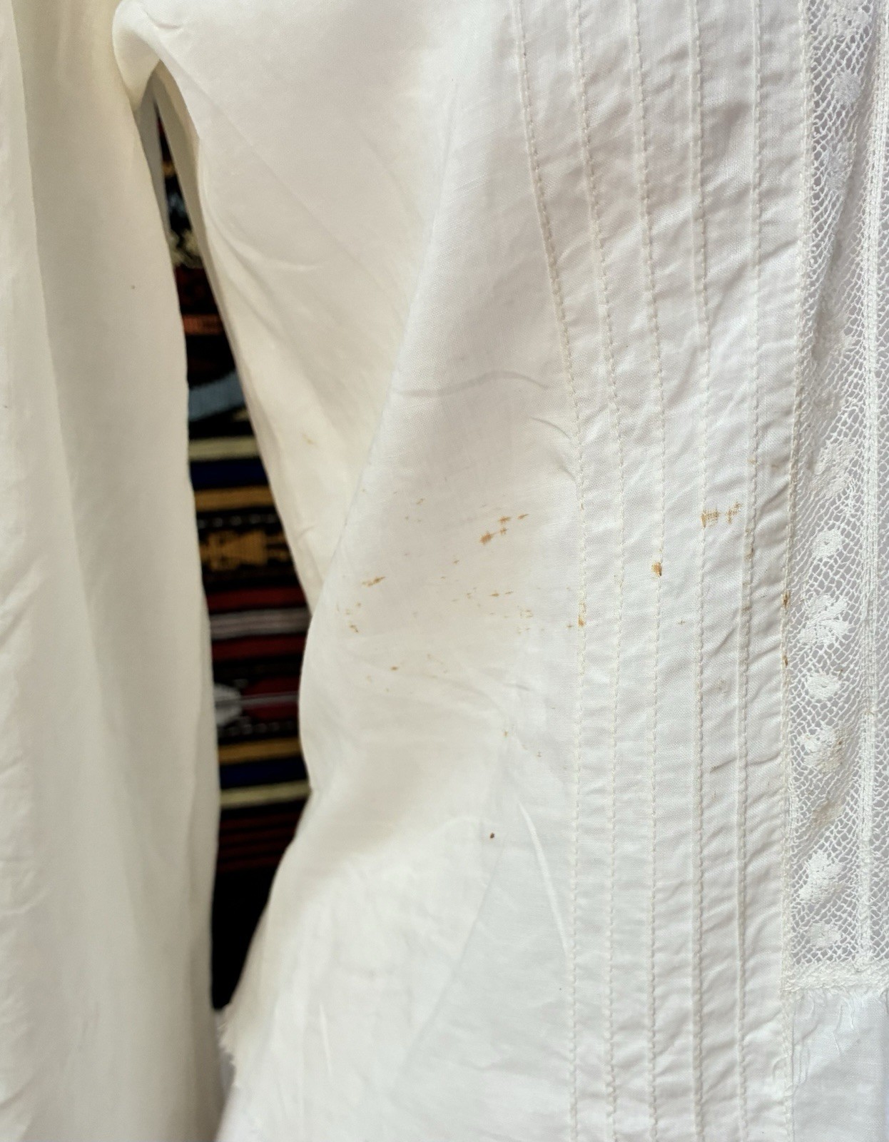Vintage Handmade 40s White Pintuck Lace Button Up Blouse Top Size M