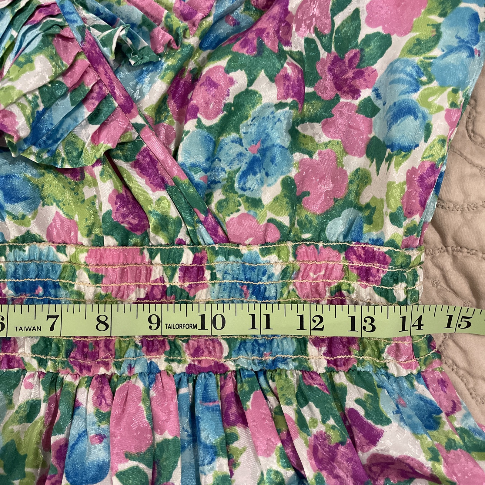 Vintage Susan Freis Floral Ruffled Midi Dress XS Smocked Waist 3/4 Sleeve AOP