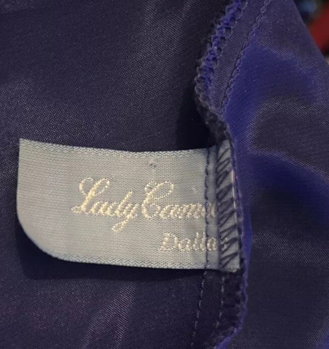 Vtg Lady Cameo Dallas Slippery Satin Glossy Blue Slip dress Nightie L Slit Bow