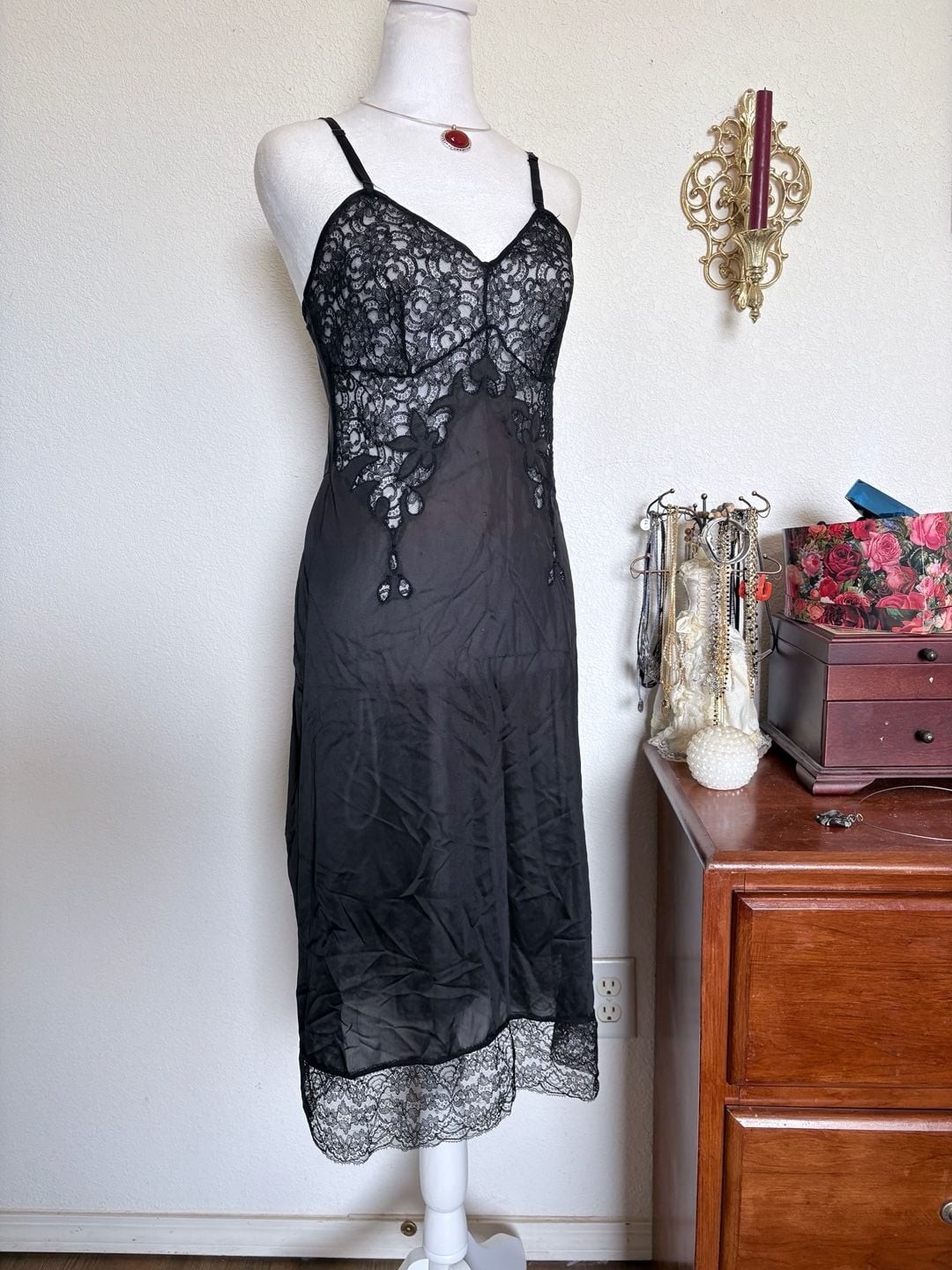 Vintage Black Nylon Lots of Lace Bust Slip Gothic Dress