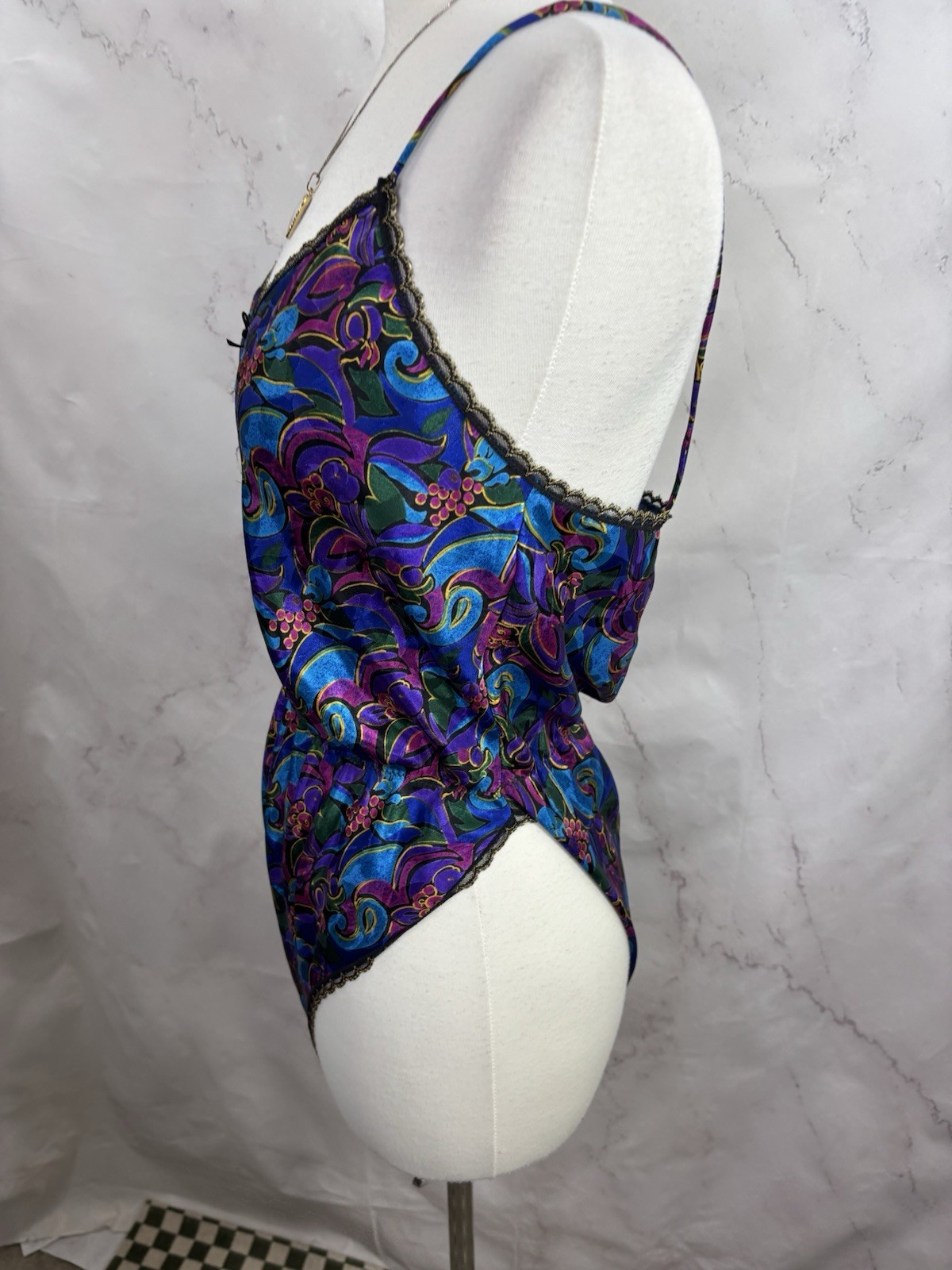 Vintage 80s Satin Teddy Bodysuit Hi Cut Whimsigoth Floral Lace S Bonjour Retro