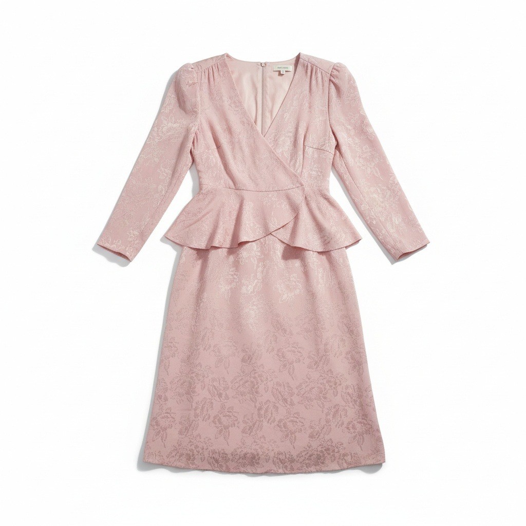 Jerrie Lurie Pink Floral Jacquard Peplum Top and Midi Skirt, Vintage Women’s Set