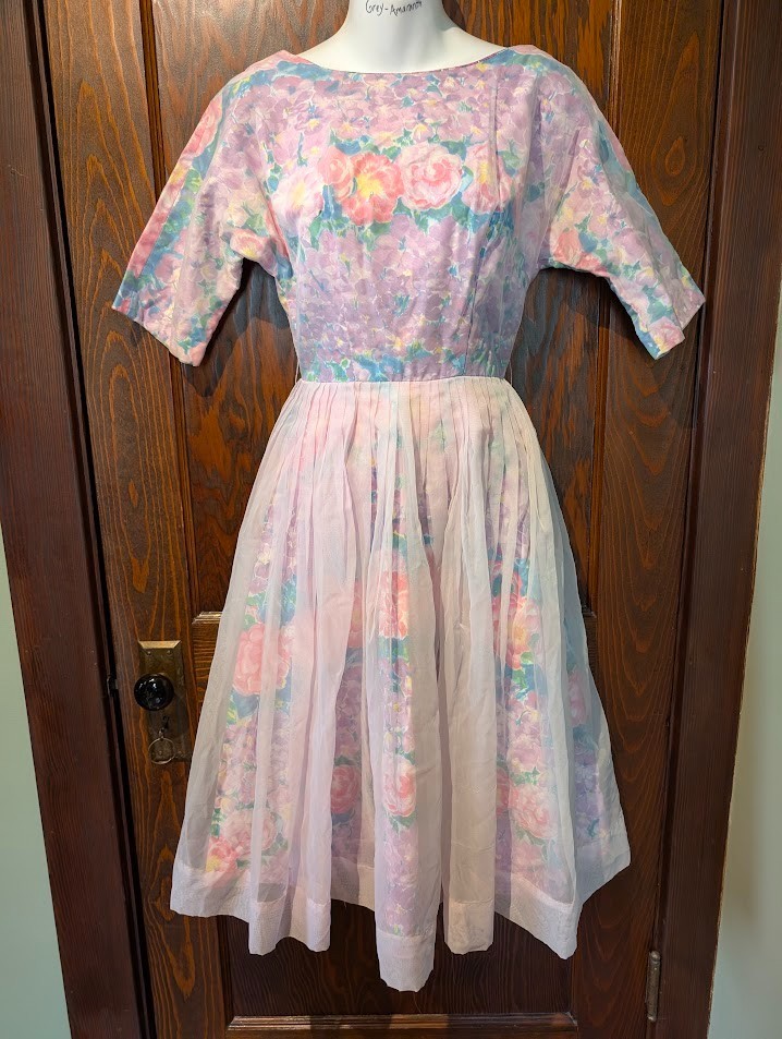 1950s VTG PASTEL FLORAL MIDI DRESS pleated sheer organza & calico XXS 0 1F