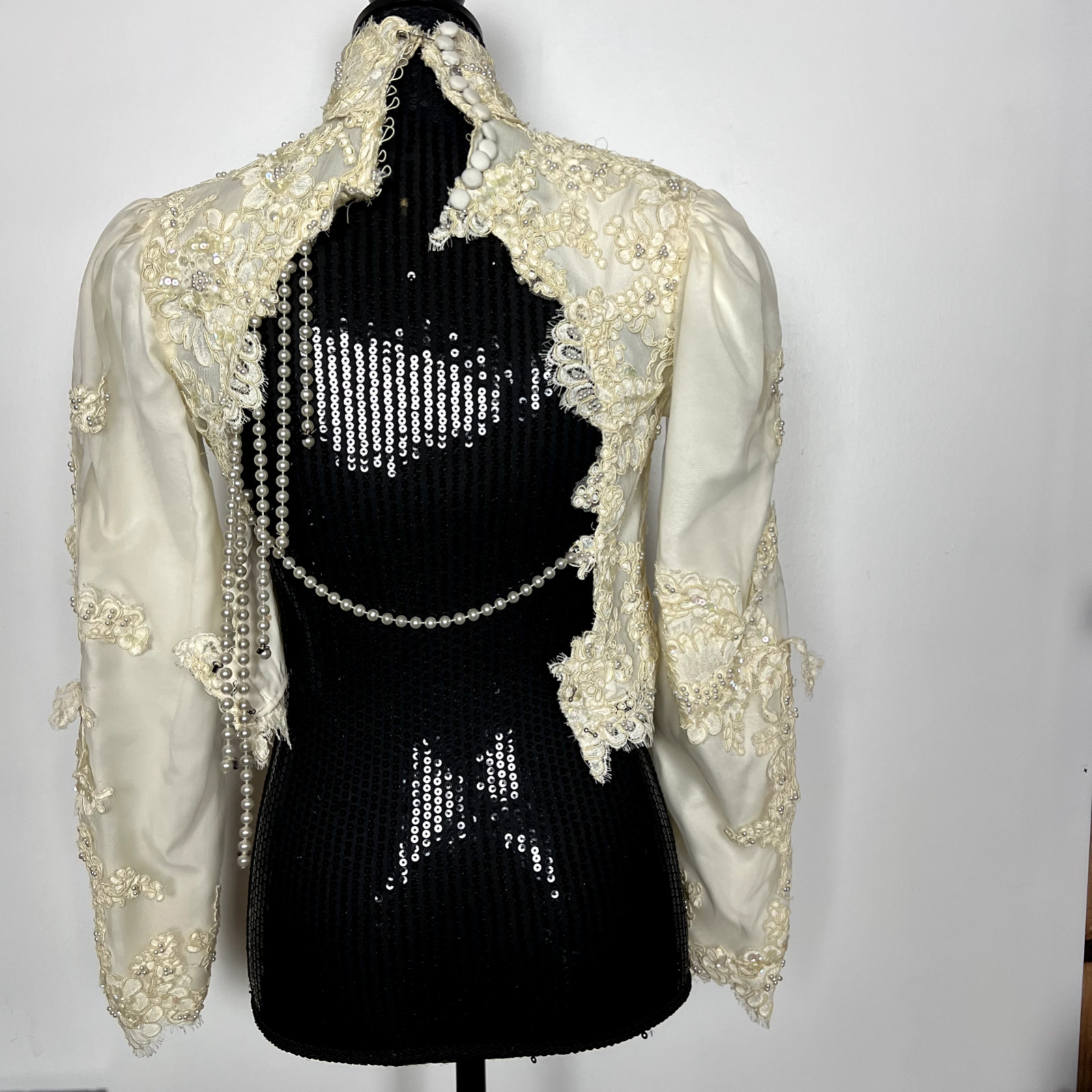 Pamela Caldwell Women Top Silk Lace Pearl Size XS S Ivory Hand made Vintage RARE