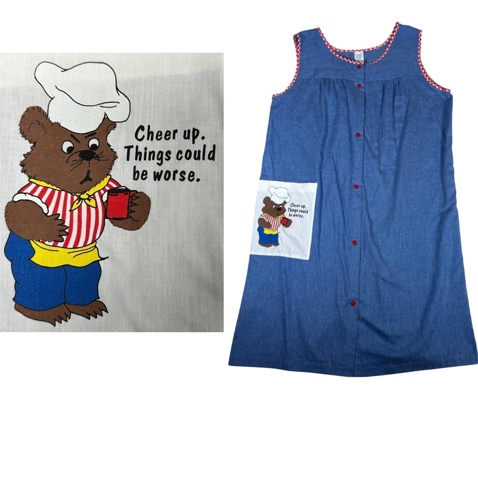 Vintage Blue Housecoat Dress Large Bear Chef Cheer Up Things Could Be Worse 80s